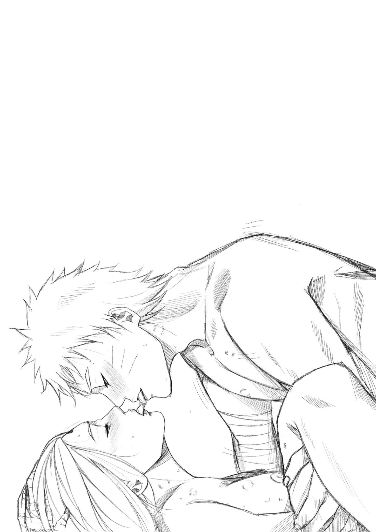 1boy, 1girls, bandaged arm, bandages, bite mark, boruto: naruto next generations, breasts, couple, eye contact, face to breasts, female, half-closed eyes, happy, happy sex, hickey, implied penetration, kiss mark, kissing, lipstick mark, long hair, looking at another, looking at partner, lying on back, lying on person, male, male/female, missionary position, monochrome, naked, narusakuart, naruto, naruto (series), nipples, romantic, romantic couple, sakura haruno, short hair, sideboob, small breasts, straight, sweat, uzumaki naruto