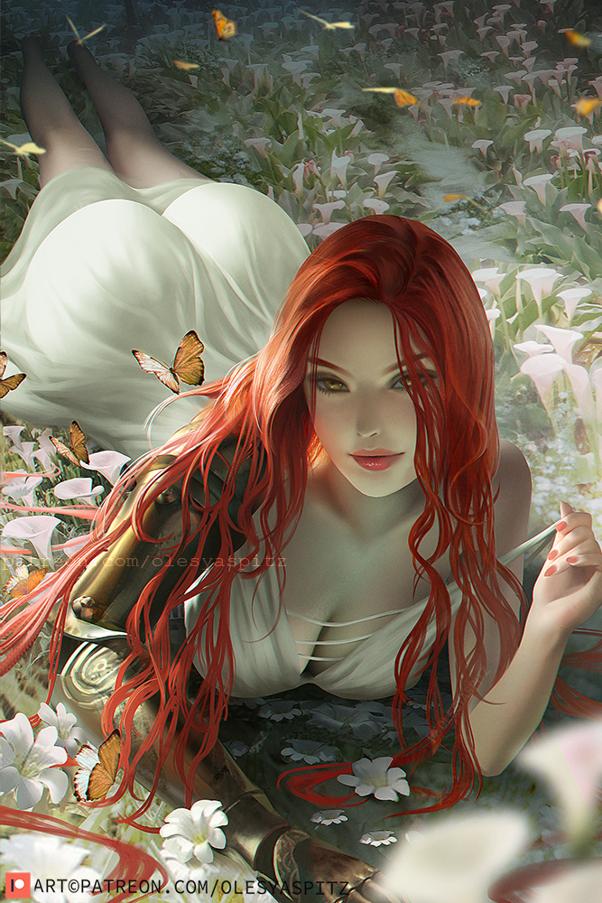 1girls, 2022, 2d, ass, big ass, butterfly, cleavage, dress, elden ring, female, female only, fromsoftware, huge ass, light skin, light-skinned female, malenia blade of miquella, olesyaspitz, plump ass, prosthetic, red hair, solo, solo female