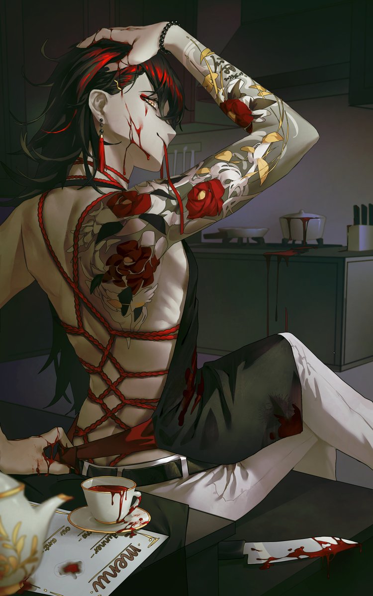 1boy 2022 backless_outfit belt black_hair blood bondage bracelet earrings kitchen knife kouhane long_hair male male_only nijisanji nijisanji_en pale_skin red_hair rope solo_male tattoo two_tone_hair virtual_youtuber vox_akuma yellow_eyes