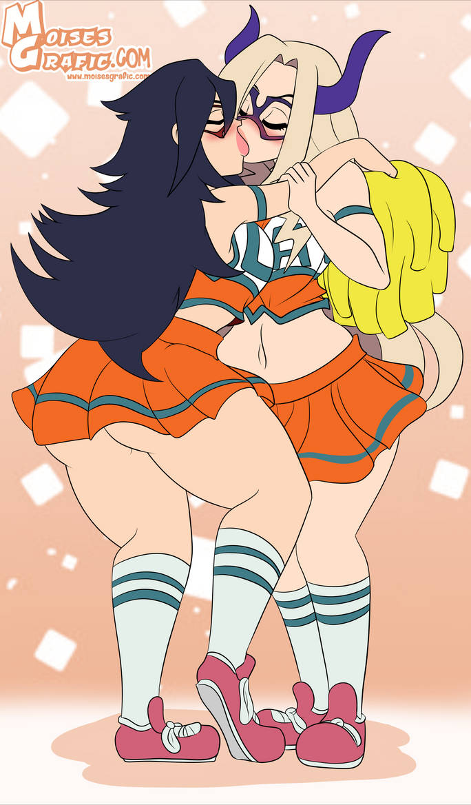 2girls, artist website, black hair, blonde hair, blush, cheerleader, closed eyes, clothed, clothing, commission, female, fully clothed, kissing, long hair, midnight (my hero academia), midriff, moisesgrafic, mount lady, my hero academia, nemuri kayama, pom poms, standing, superheroine, yuri, yuu takeyama