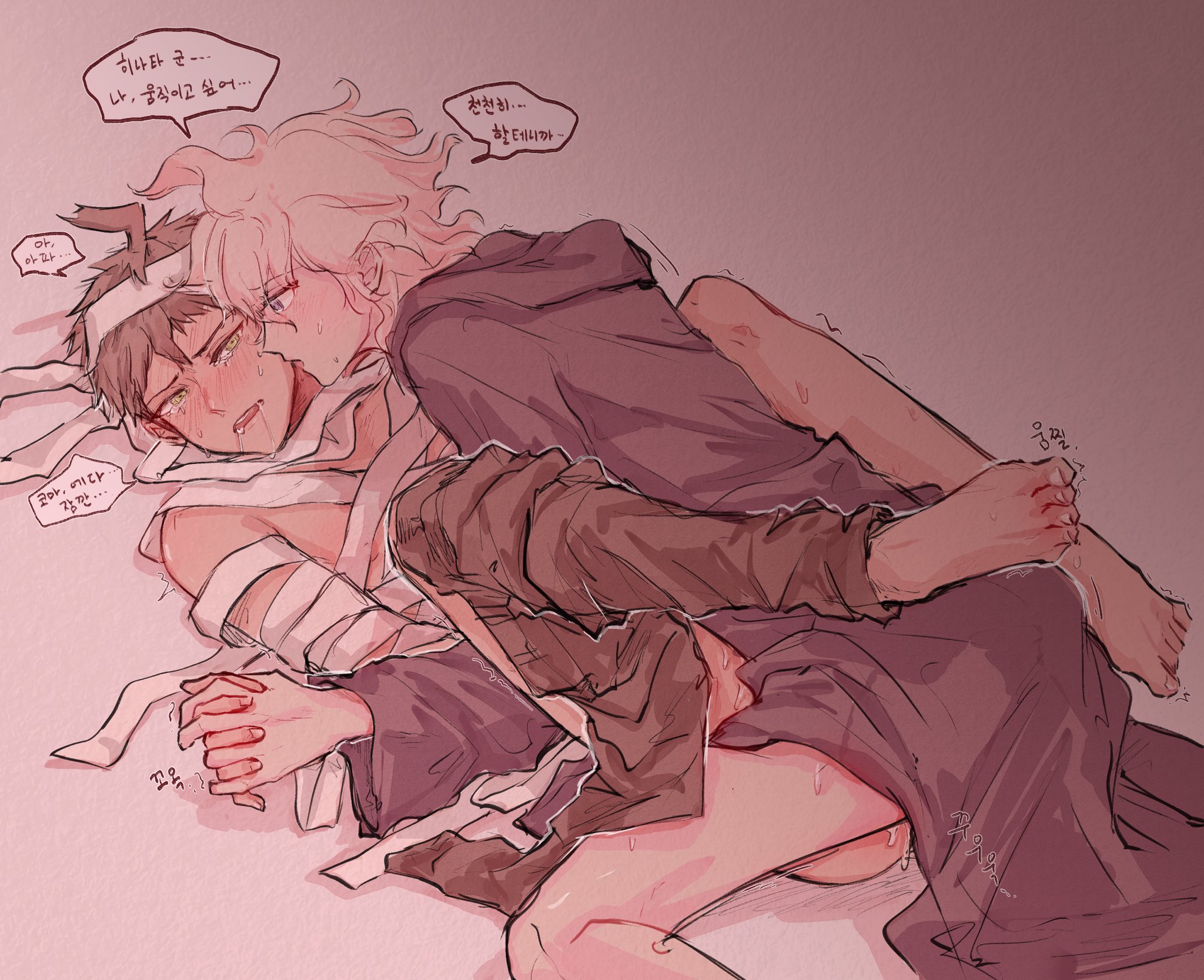 2boys, bandage, blush, brown hair, costume, crying, crying with eyes open, danganronpa, danganronpa 2: goodbye despair, drooling, gay, halloween, halloween costume, hinata hajime, holding hands, light skin, looking at another, male, male focus, male only, male/male, missionary position, nagito komaeda, straight hair, tears, translation request, white hair, yaoi