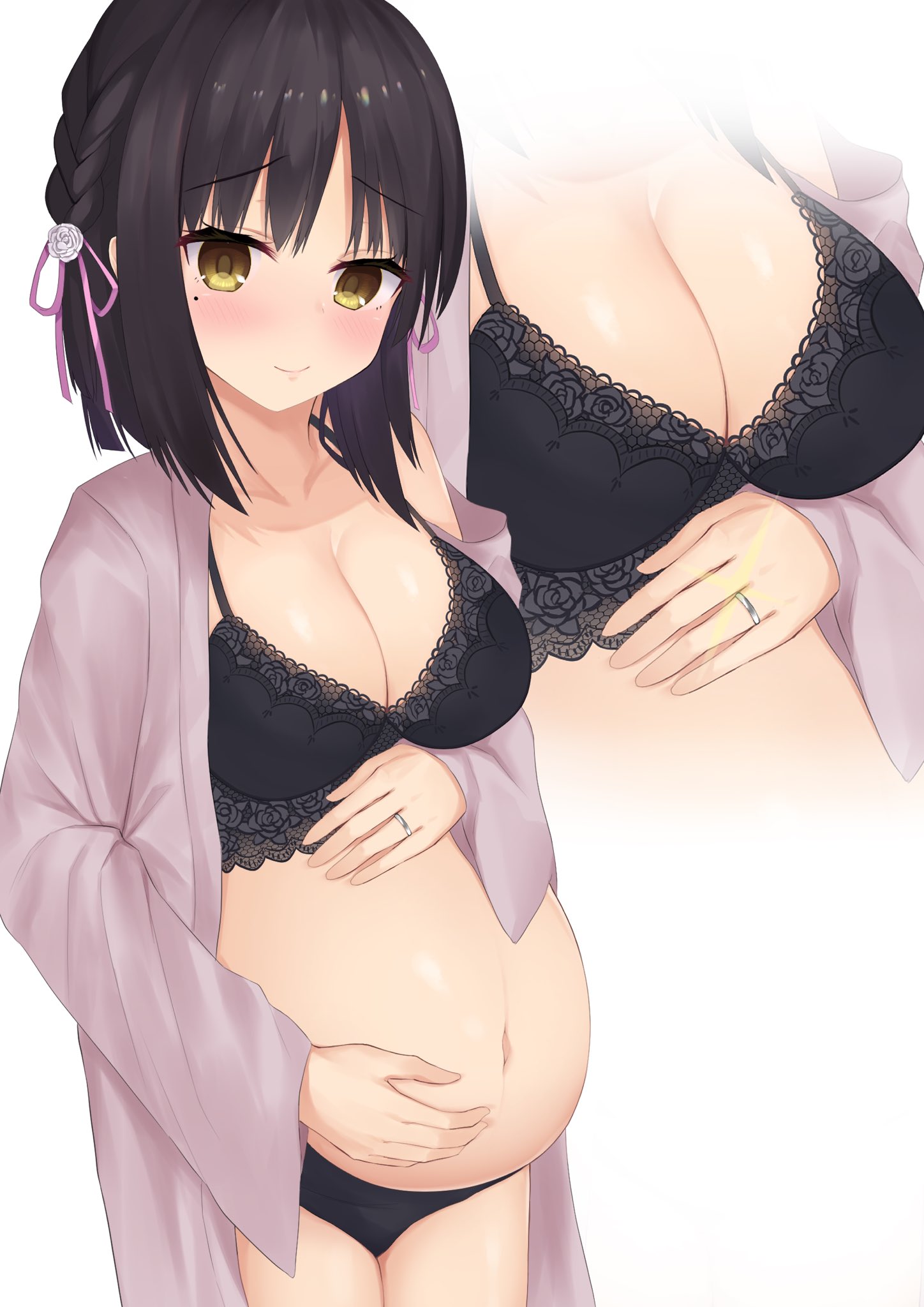 big breasts, black bra, black hair, black panties, blush, bra, breasts, cafe stella to shinigami no chou, cleavage, female, female only, hair ribbon, hands on belly, holding belly, lace, lace-trimmed bra, lingerie, looking at viewer, medium hair, mole under eye, panties, pregnant, robe, shiki natsume, smile, solo, surigoma, wedding ring, wholesome, yellow eyes, yuzu-soft