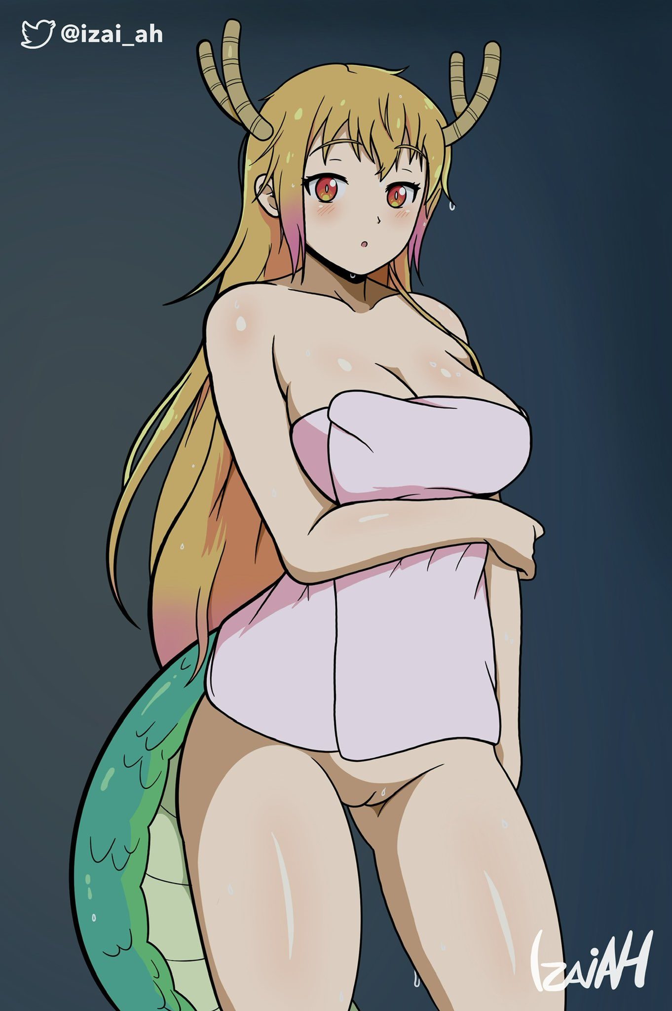 big_breasts female female_focus female_only horns izai_ah miss_kobayashi's_dragon_maid monster_girl pussy tagme tail tohru_(dragon_maid) towel