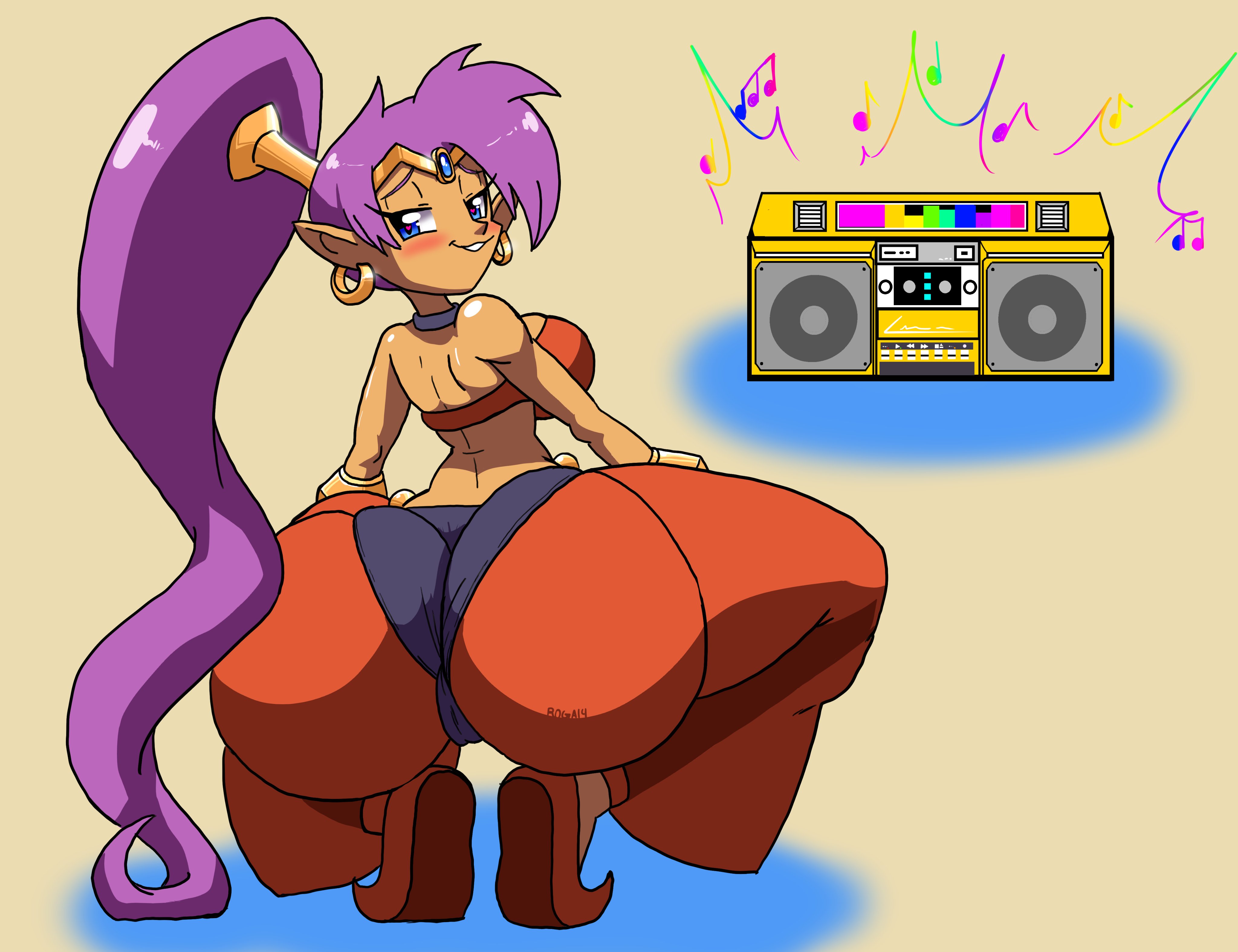 1girls, ass, ass crack, big ass, big butt, blue eyes, boombox, bottom heavy, bracers, bubble ass, bubble butt, butt crack, dark skin, dark-skinned female, earrings, eyelashes, fat ass, fat butt, female, female only, genie, gold boombox (prevence), hearts in eyes, huge ass, huge butt, hybrid, large ass, large butt, long ears, long hair, looking at viewer, looking back, mind control, pointed ears, pointy ears, ponytail, purple hair, roga14, seductive, seductive eyes, seductive look, seductive pose, seductive smile, shaking, shaking ass, shaking butt, shantae, shantae (character), signature, smooth skin, solo, thick ass, thick thighs, tight fit, twerk hypnosis, twerking, wayforward, wide hips