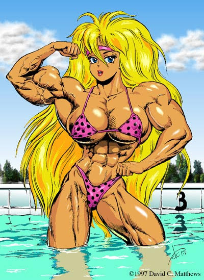 bikini blonde_hair breasts curves dcmatthews female_only flexing huge_breasts large_breasts long_hair muscles muscular muscular_female outside solo_female swimming_pool tetsuko very_long_hair