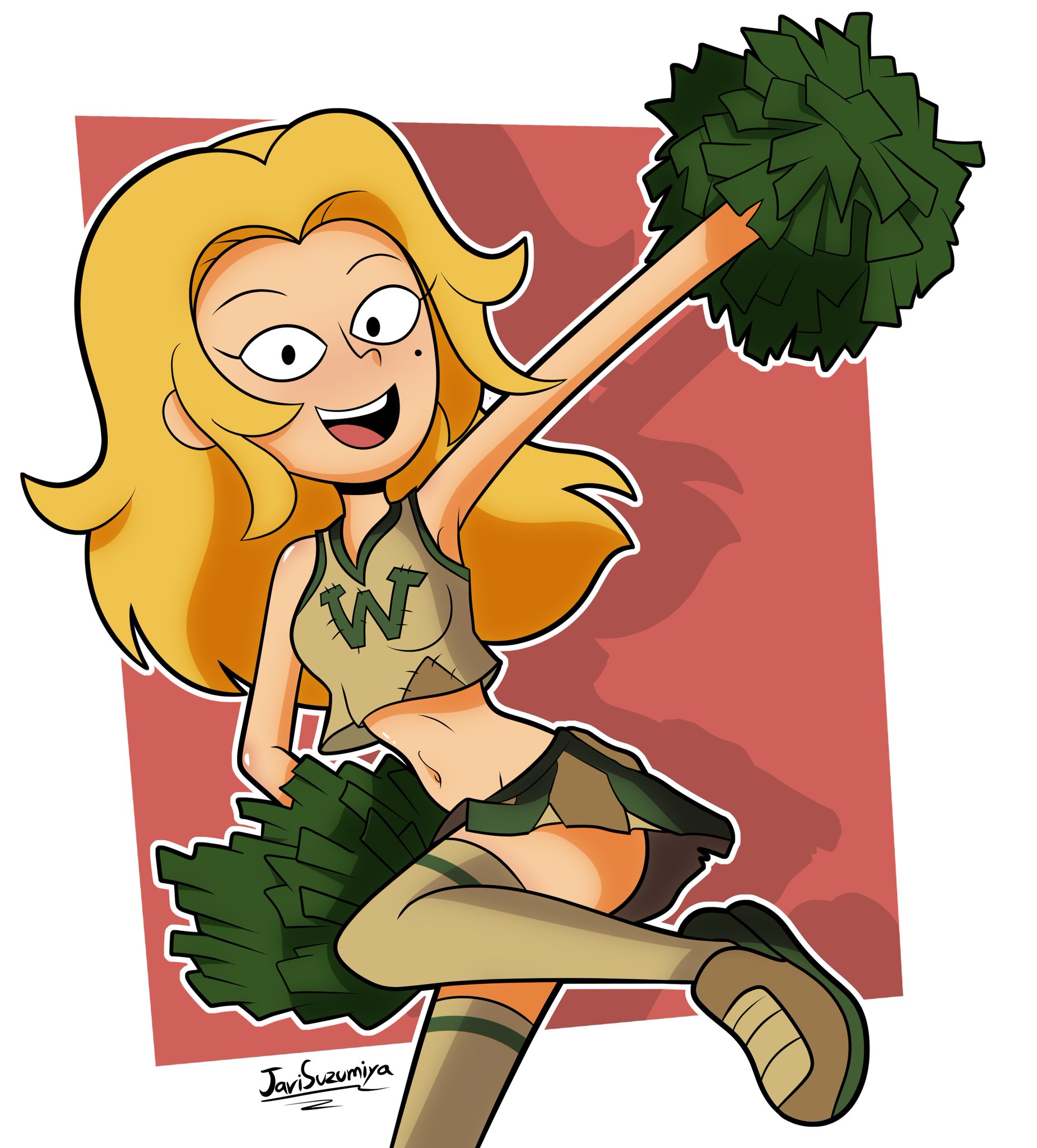 1girls, 2d, alternate hairstyle, alternate outfit, amphibia, artist name, belly, breasts, cheerleader, cheerleader uniform, dancing, disney, disney channel, disney xd, female, female only, full body, fully clothed, happy, hi res, javisuzumiya, medium breasts, sasha waybright, schoolgirl, shoes, signature, skirt, socks, solo, solo female, solo focus, straight hair, teenage female, teenager, thighhighs, young