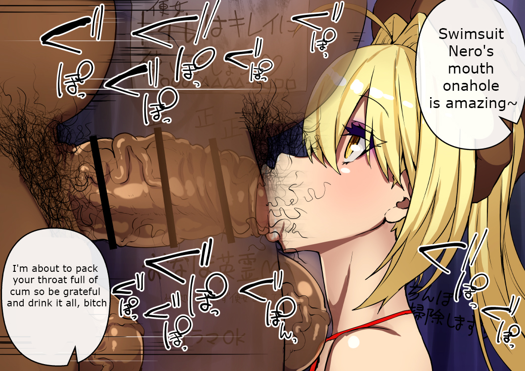 1boy 1girls :>= ahoge bikini bikini_top blonde_hair blowjob_face censored deepthroat eyeshadow fate/extra fate/grand_order fate_(series) fellatio femsub foreskin grabbing graffiti hair_intakes hair_pull head_grab huge_cock kissing kneeling long_hair makeup maledom nero_claudius_(fate) nero_claudius_(swimsuit_caster) ninopal open_mouth oral penis pubic_hair public public_use slave stray_pubic_hair swimsuit text throat_bulge throat_fuck translated twintails yellow_eyes