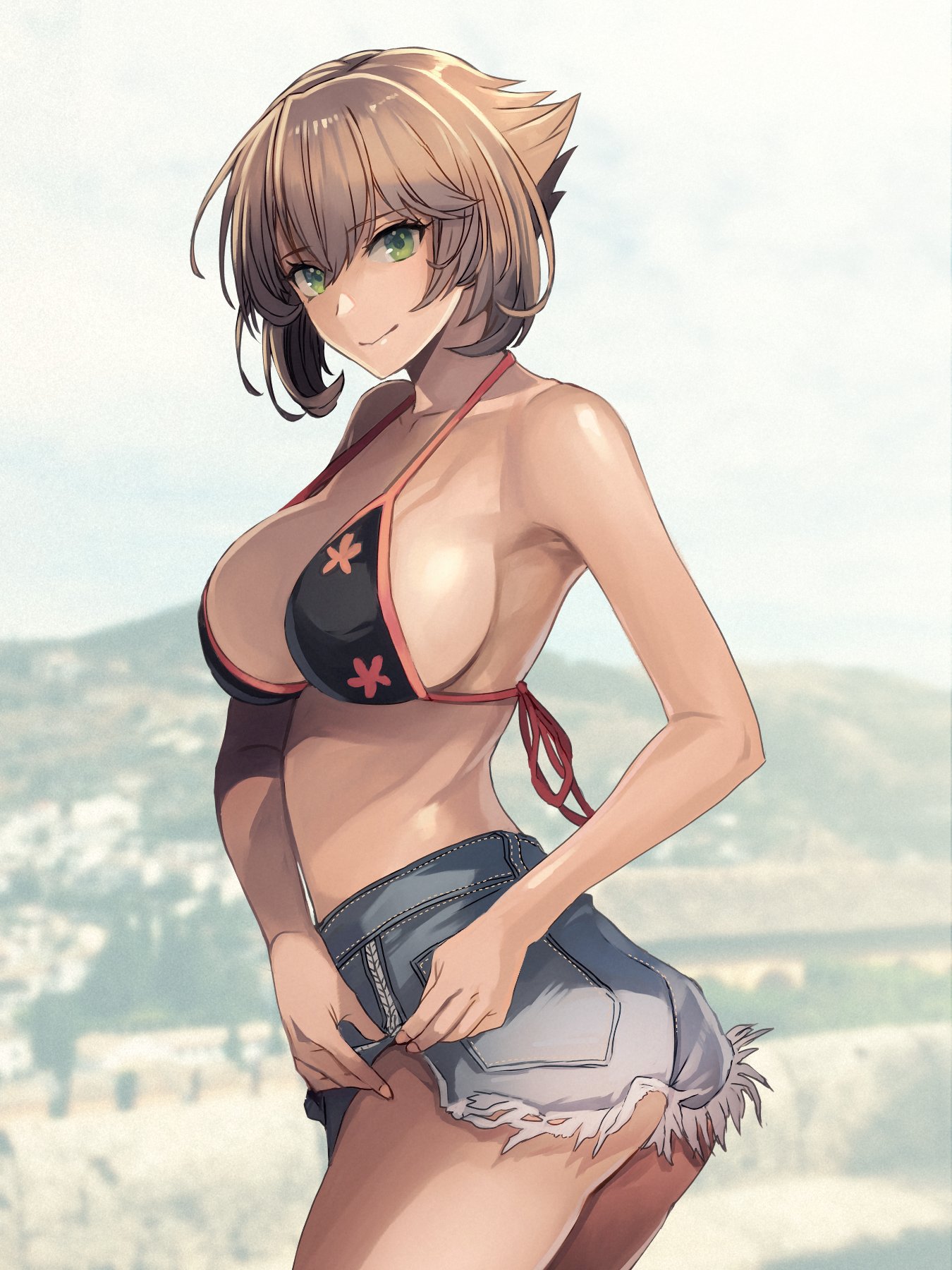 1girls, beach, big breasts, bikini, breasts, brown hair, detailed background, female, green eyes, kantai collection, kasumi (skchkko), looking at viewer, mutsu (kantai collection), swimsuit, thick thighs, thighhighs