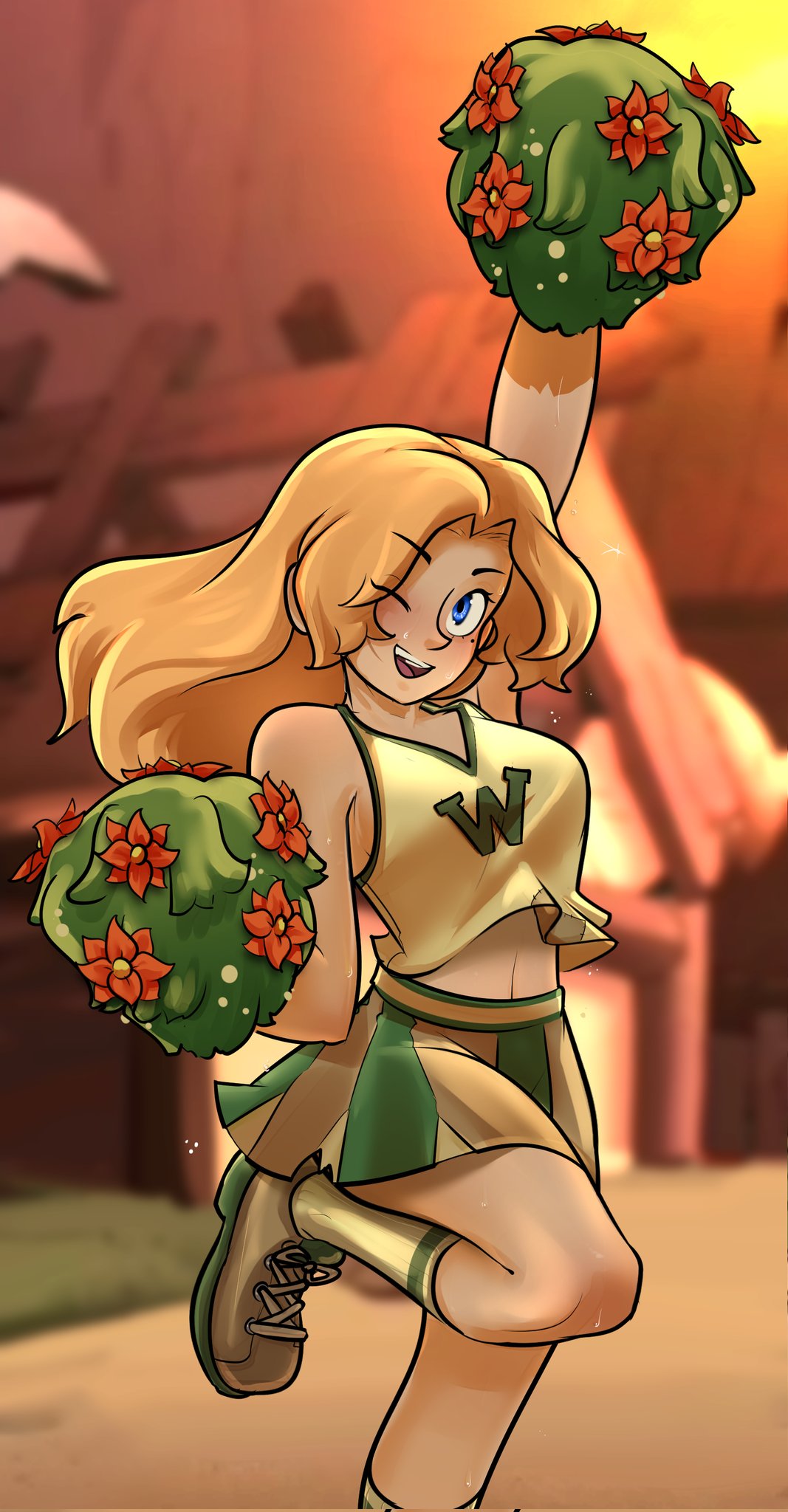 1girls, alternate hairstyle, alternate outfit, amphibia, belly, breasts, cheerleader, cheerleader uniform, dancing, disney, disney channel, disney xd, female, female only, full body, fully clothed, happy, hi res, medium breasts, sasha waybright, saurusrequiem, schoolgirl, shoes, skirt, socks, solo, solo female, solo focus, straight hair, teenage female, teenager, wink, young