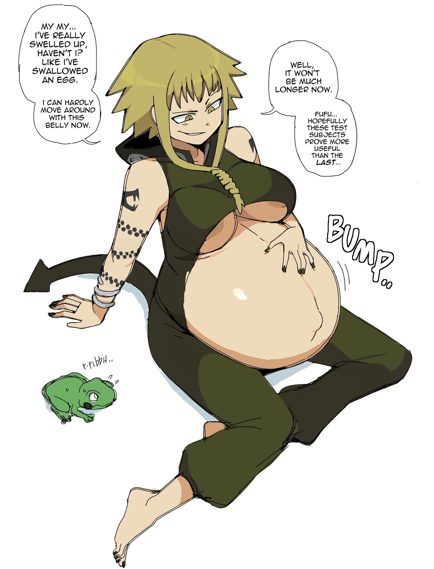 areola slip, belly, big belly, blonde hair, breasts, dr-worm, female, hand on belly, lewdlemage, medusa gorgon, nails painted, pregnant, soul eater, text, underboob