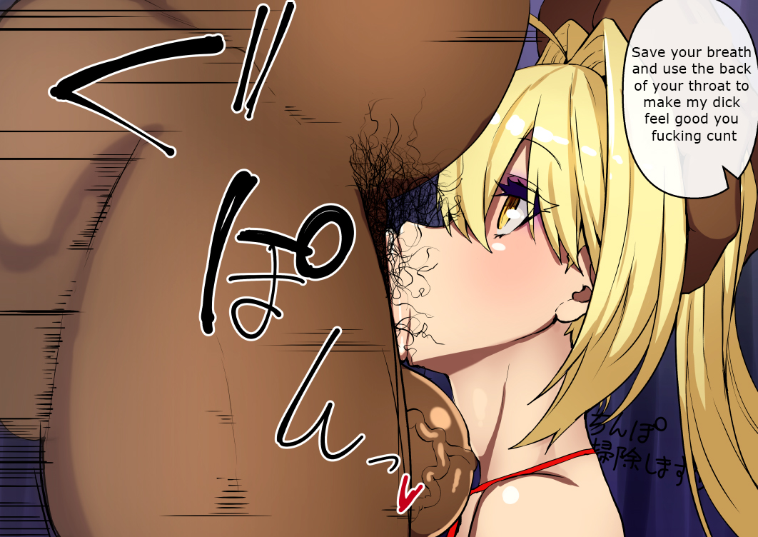 :>=, 1boy, 1girls, ahoge, bikini, bikini top, blonde hair, blowjob face, deepthroat, eyeshadow, fate (series), fate/extra, fate/grand order, fellatio, female, femsub, foreskin, grabbing, graffiti, hair intakes, hair pull, head grab, huge cock, kissing, kneeling, long hair, makeup, male, maledom, nero claudius (fate), nero claudius (swimsuit caster), ninopal, open mouth, oral, penis, pubic hair, public, public use, slave, stray pubic hair, swimsuit, text, throat bulge, throat fuck, translated, twintails, uncircumcised, yellow eyes