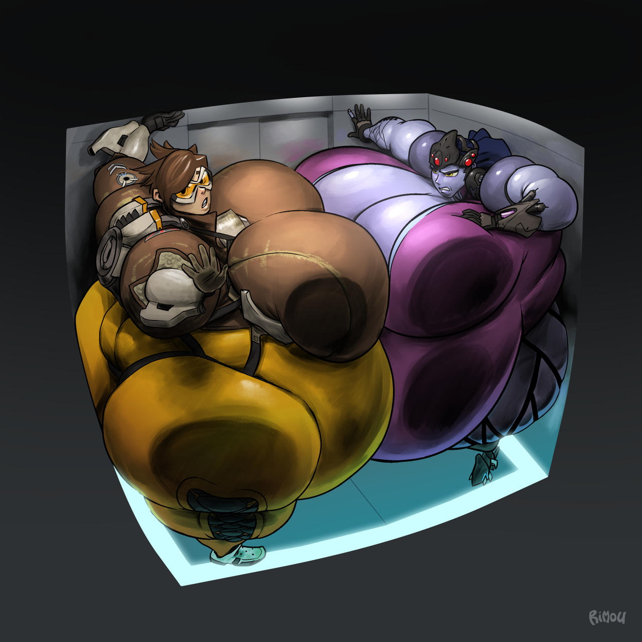 2girls, ass, ass expansion, belly, big ass, big belly, big breasts, breast expansion, breast growth, breast growth (enlargement), breasts, cleavage, elevator, female, huge ass, huge breasts, hyper, inflation, obese, overwatch, rimou, spherical inflation, stuck, tracer, widowmaker