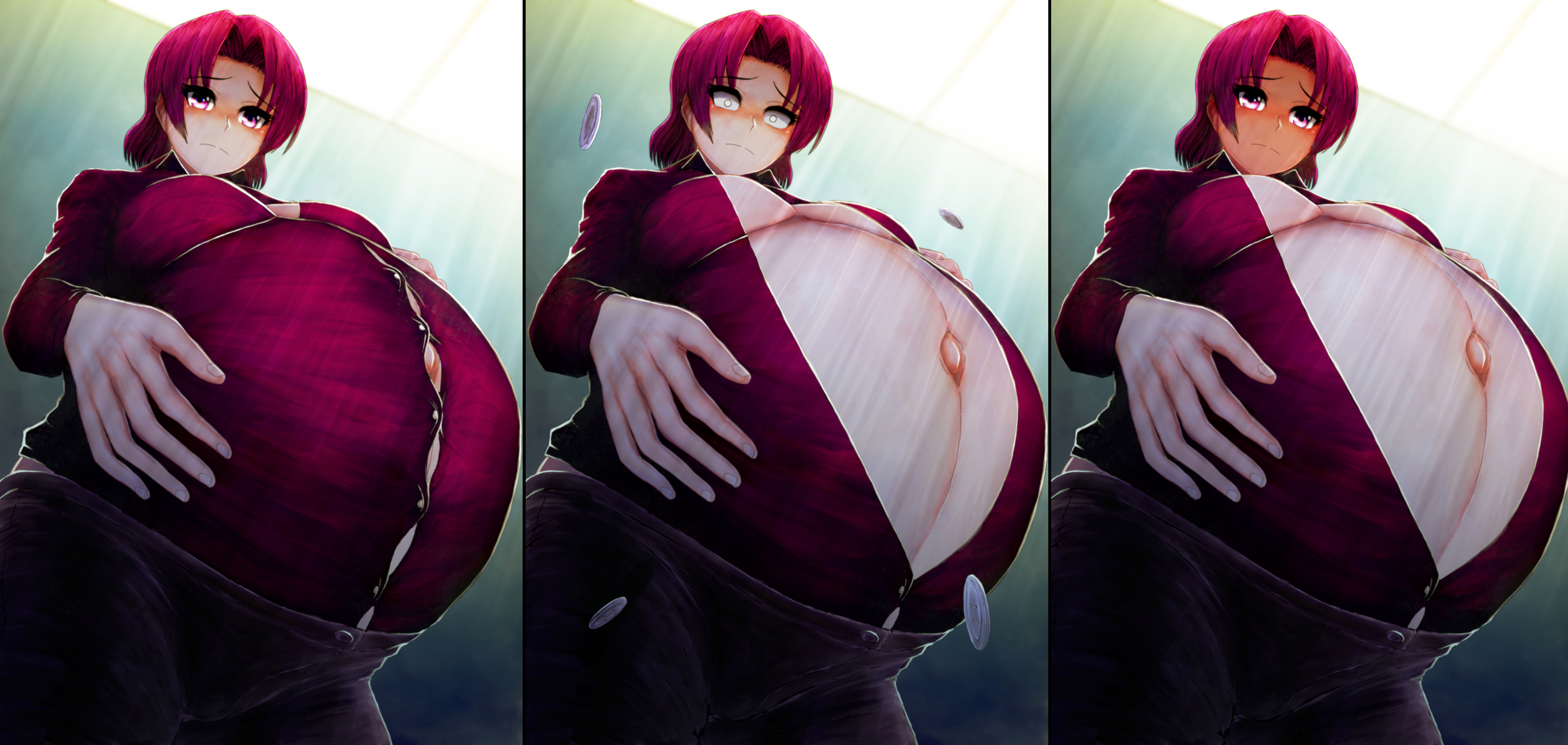 1girls, bazett fraga mcremitz, big belly, bloated belly, blush, button down shirt, button pop, cleavage, clothed, clothing, embarrassed, fate (series), fate/hollow ataraxia, female, female only, holding belly, magenta eyes, magenta hair, navel, outie navel, pregnant, purple eyes, purple hair, red eyes, red face, red hair, solo, super belly, tight clothing, uwasa75, wardrobe malfunction