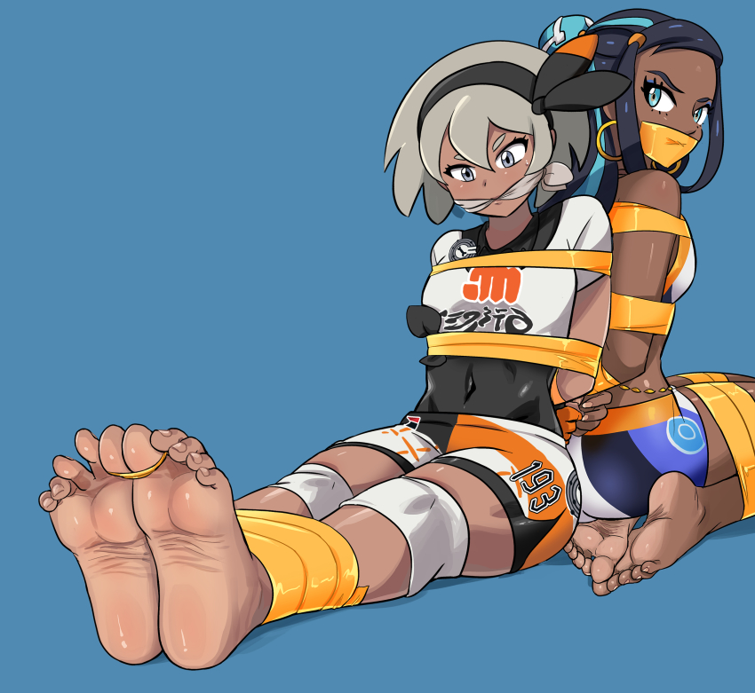 bea_(pokemon) bondage bound bound_toes cleave_gag dark-skinned_female dark_skin duo earrings feet female female_only femsub foot_focus fully_clothed gag lostonezero nessa_(pokemon) pokemon pokemon_ss soles tape tape_gag tied_toes tight_clothing toes