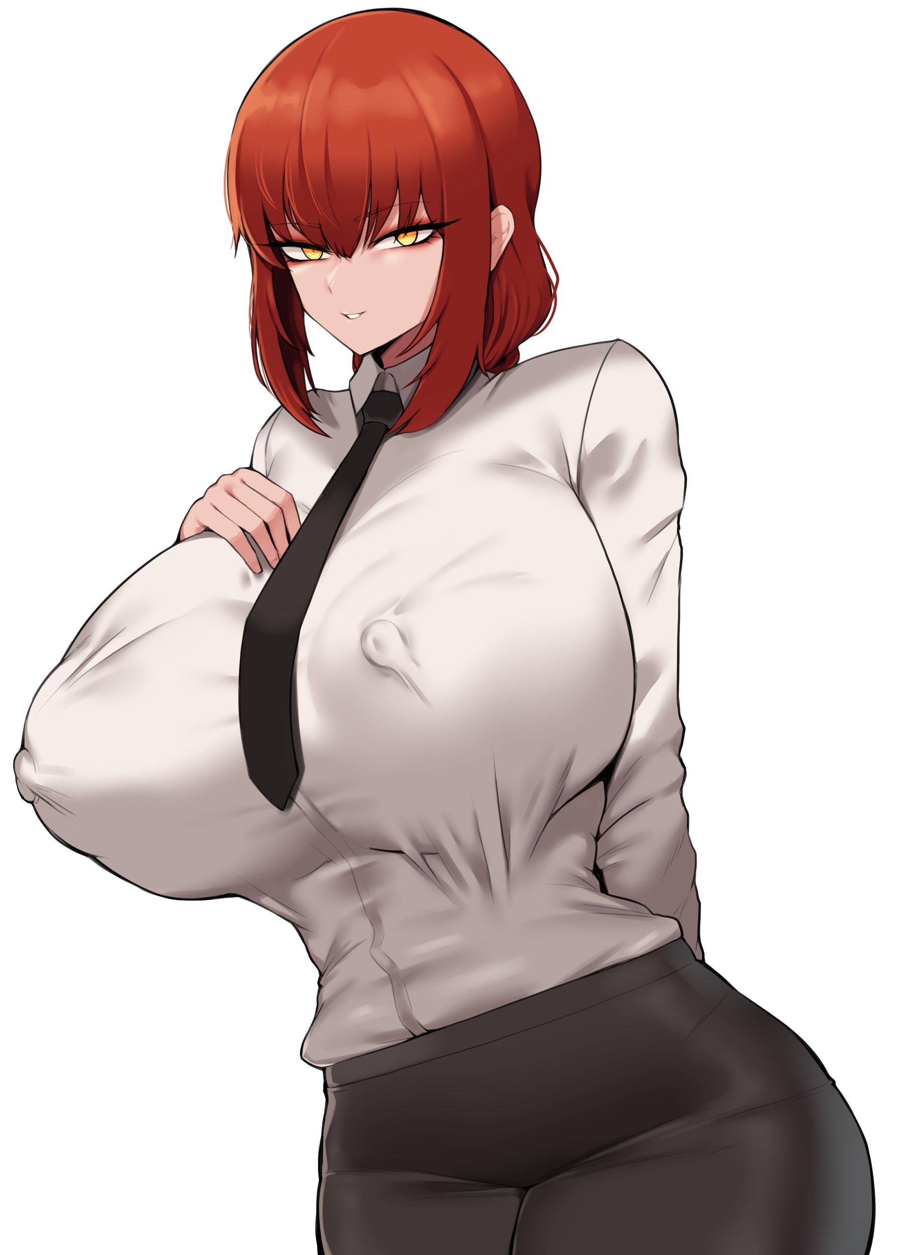 1girls, alternate breast size, big breasts, braided ponytail, breasts, chainsaw man, covered erect nipples, erect nipples, erect nipples under clothes, eye contact, female, female focus, female only, fully clothed, gigantic breasts, huge breasts, huge nipples, long hair, looking at viewer, makima (chainsaw man), nipple bulge, nipples, red hair, solo, tiger drop, yellow eyes
