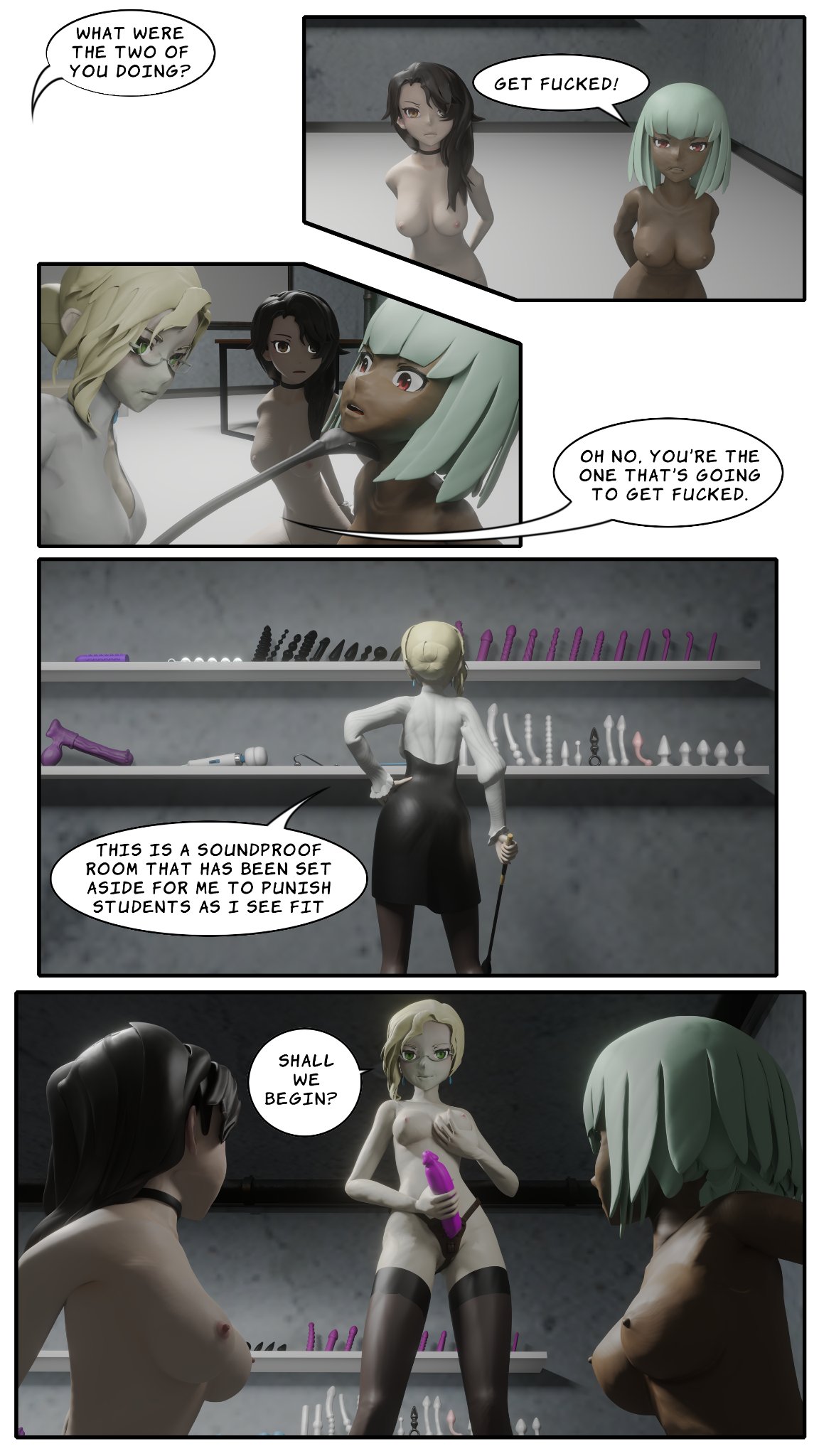 3girls black_hair blonde_hair cinder_fall comic comic_page dildo emerald_sustrai glynda_goodwitch green_hair groping_breasts imminent_sex long_hair multiple_girls nixlastrada riding_crop rwby sex_toys short_hair strap-on text text_bubble the_disciplinarian_(rwby) thighhighs yuri