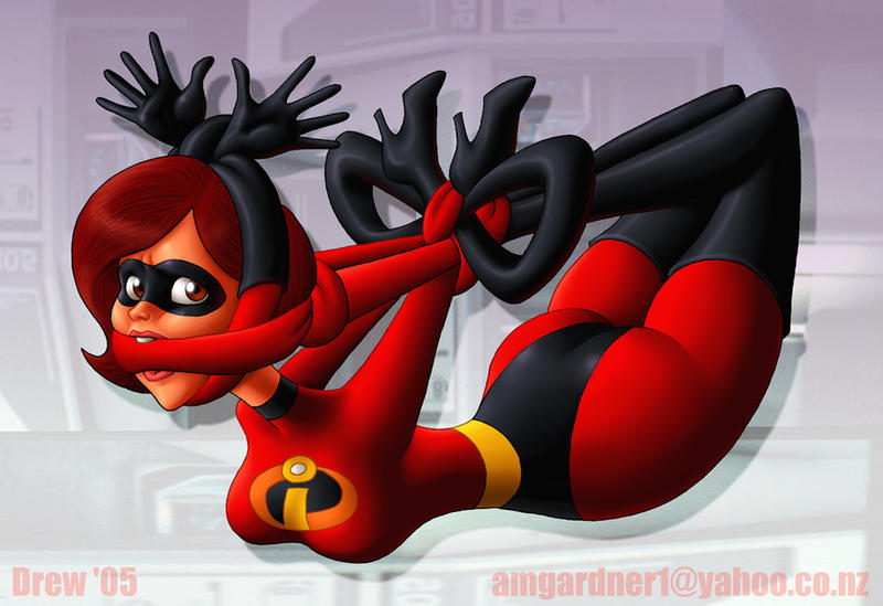 1girls, 2005, bondage, defeated, defeated heroine, disney, drew gardner, elastic, elastic body, elastigirl, female, female only, gag, gagged, helen parr, looking at viewer, milf, pixar, smooth skin, solo, stretch, stretching, stretchy, superheroine, the incredibles, tied up