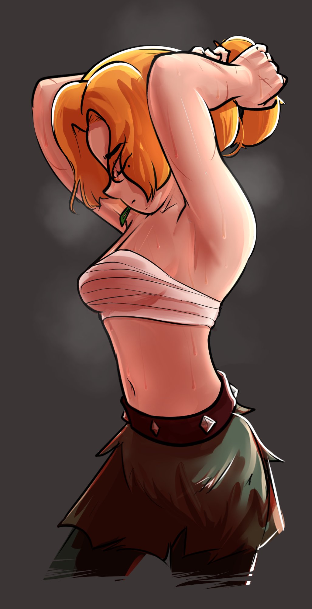 1girls, amphibia, armpits, bandage, bandaged chest, belly, breasts, chest wraps, closed eyes, covered breasts, disney, disney channel, disney xd, female, female only, hair band, hand on hair, ponytail, portrait, sasha waybright, saurusrequiem, shoulders, side view, solo, solo female, solo focus, standing, straight hair, sweating