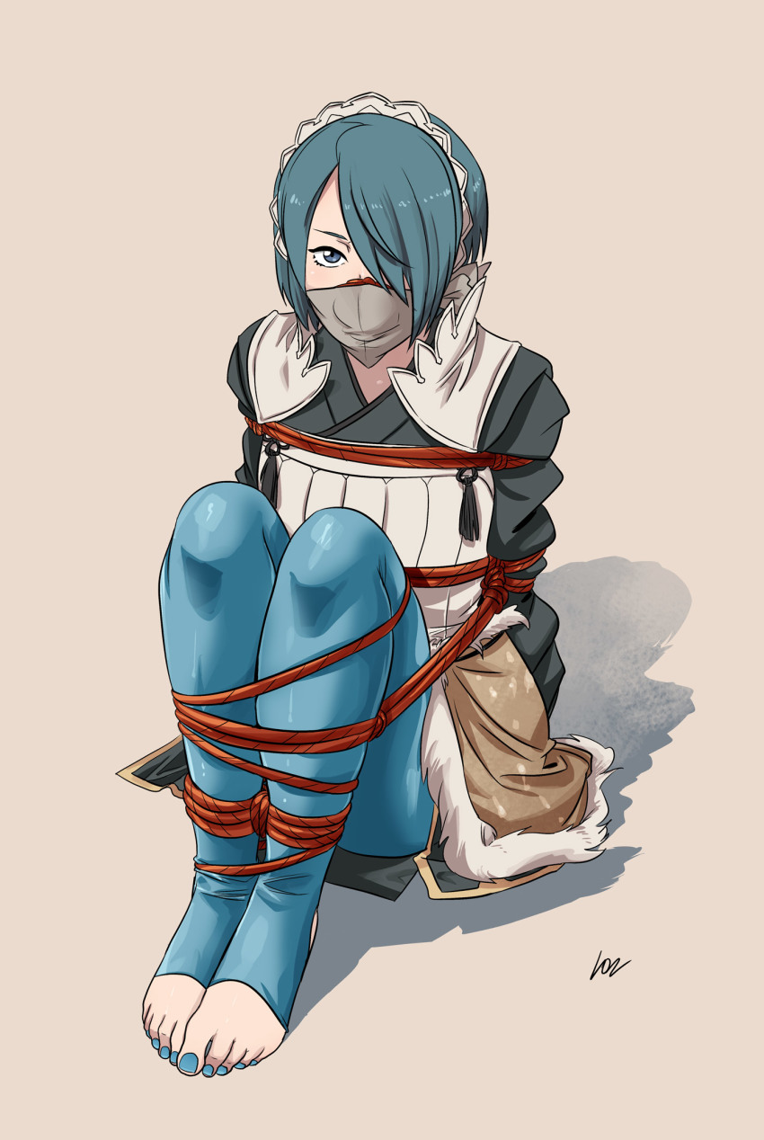 blue_eyes blue_hair blue_nails blue_toenails bondage feet femsub fire_emblem fire_emblem_fates gag lostonezero nail_polish nintendo rope_bondage setsuna_(fire_emblem) source_larger stuffed_mouth_gag toenail_polish