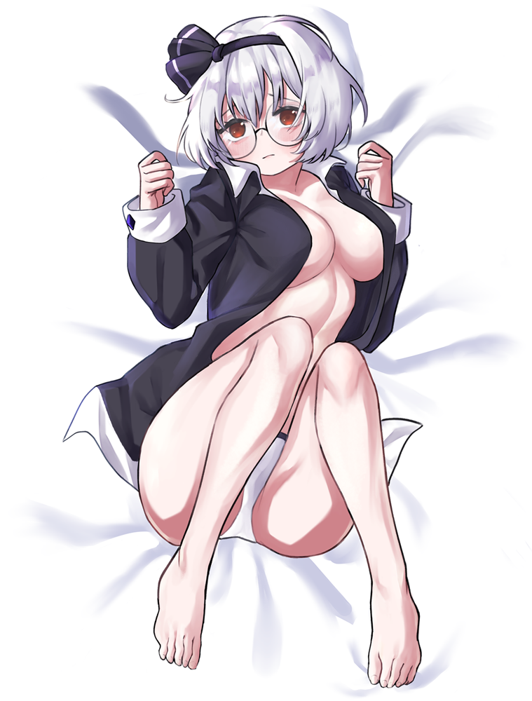 alternate_costume bare_legs barefoot bed black_hairband black_pajamas black_ribbon black_shirt bob_cut breasts cleavage commentary_request commission embarrassed feet female glasses hair_ribbon hairband long_sleeves lying midriff naked_shirt no_bra no_pants on_back open_clothes open_shirt panties red_eyes ribbon round_eyewear shirt short_hair silver_hair sleepwear taeminhyeon toes touhou underwear white_panties youmu_konpaku