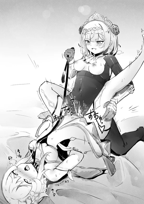 2girls, arms behind back, arms tied, blush, bondage, breasts, breasts out, clothed sex, collar, cumming, dominant female, female, female only, femdom, flower in hair, genshin impact, hair ornament, hand on thigh, holding leg, leash, leash and collar, leash pull, lesbian sex, lucifina 006, lumine (genshin impact), multiple females, multiple girls, noelle (genshin impact), open mouth, questionable consent, short hair, squirting, stockings, submissive, submissive female, tearing up, tongue, tongue out, tribadism, yuri