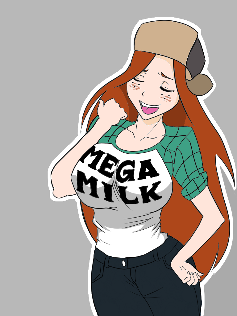 1girls big_breasts black_text closed_eyes contrast disney female gravity_falls green_eyes green_shirt grey_background hand_on_shoulder huge_breasts jeans laugh light_skin long_hair mega_milk parody red_hair rolled_up_sleeves shadow shirt smile smug solo stripes teenager tight_clothing wendy_corduroy white_border white_outline young