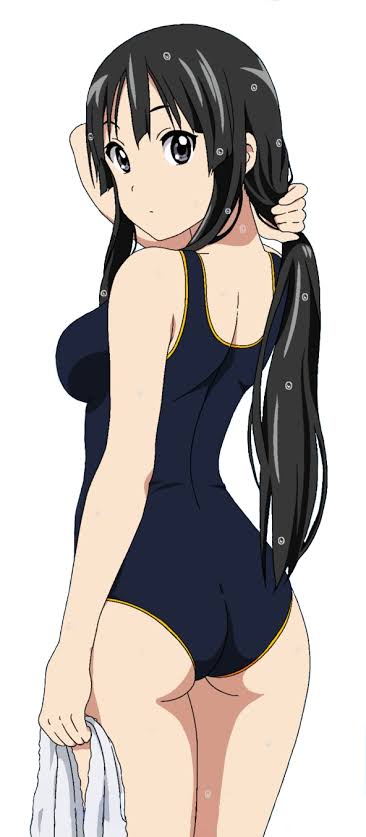 ass, ass focus, back view, black eyes, black hair, black swimming suit, blush, cute, female, k-on!, looking at viewer, looking back, mio akiyama (k-on!), one-piece swimsuit, swimsuit
