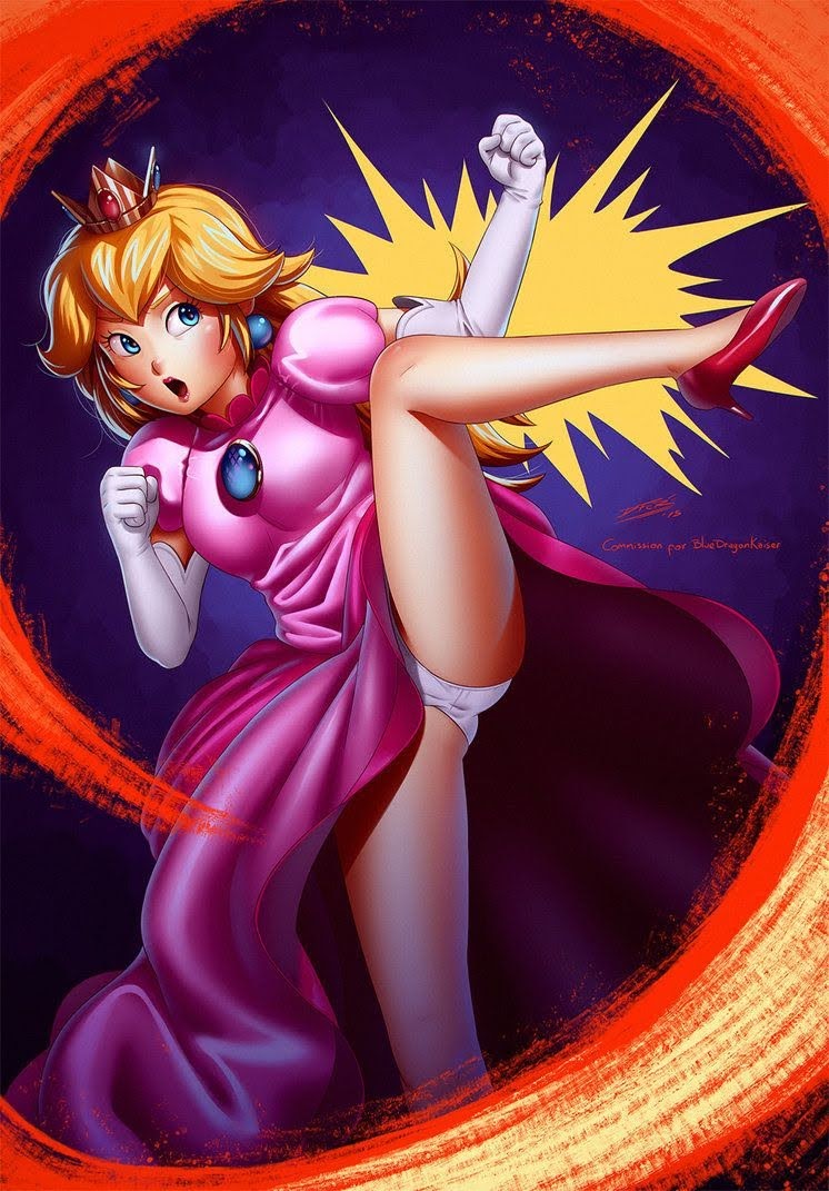 blonde_hair blue_eyes dfer dress female high_heels kicking mario_(series) nintendo open_mouth princess_peach solo