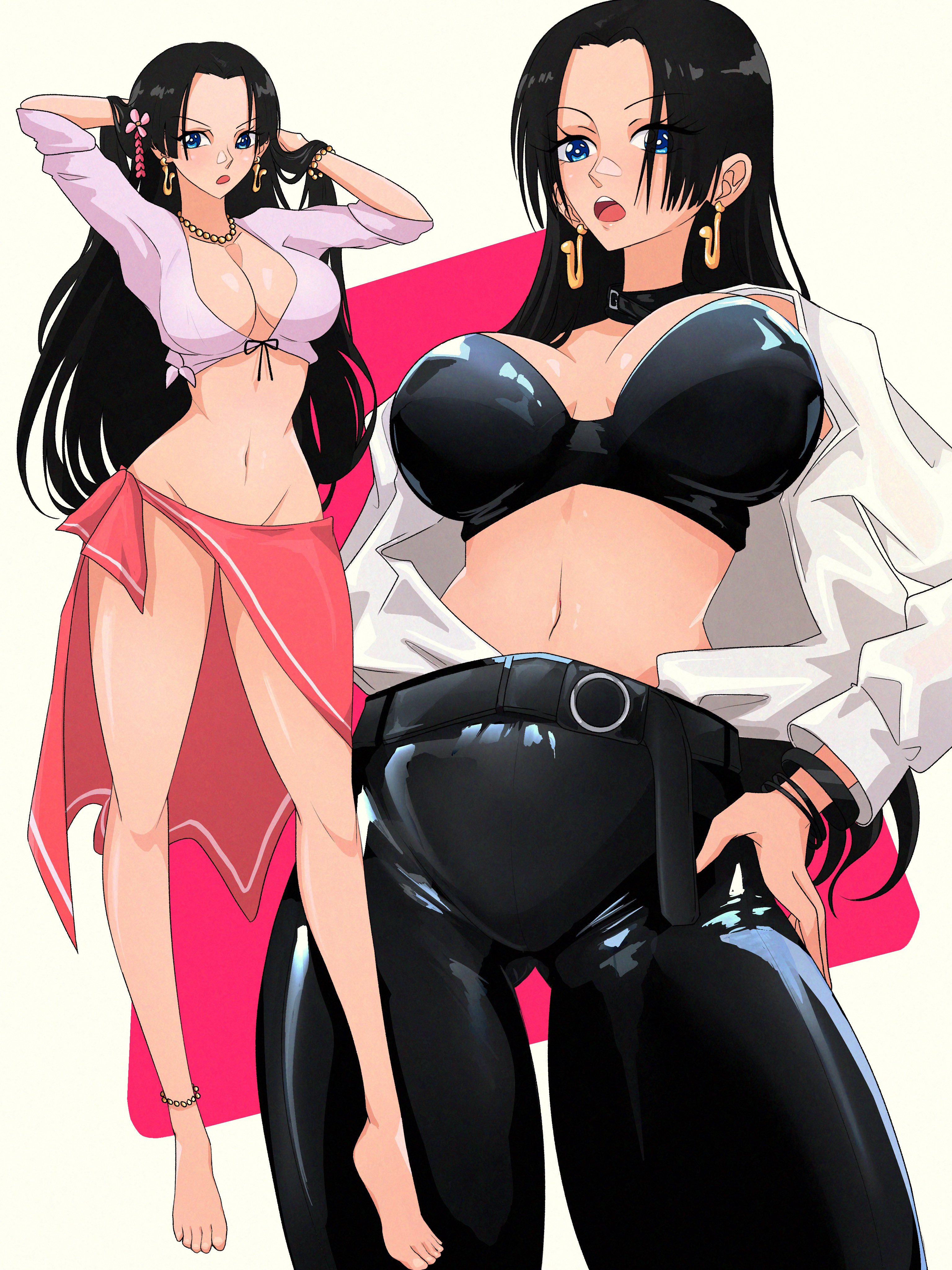 1girls, black hair, black-haired female, boa hancock, bra, fanart, female, female only, leather, leather pants, one piece, opalisart