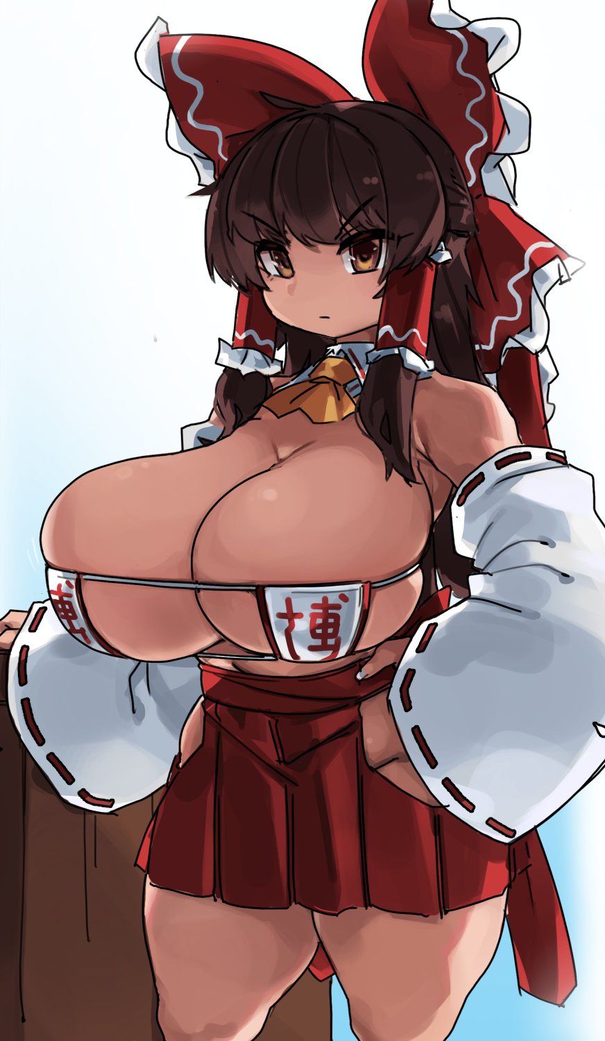 1girls, 2022, alternate breast size, bow, bow in hair, breasts, brown eyes, brown hair, detached sleeves, eyepatch bikini, female, female only, hakama, hakama skirt, hips, huge breasts, long hair, miko, reimu hakurei, shrine maiden, simple background, thick thighs, thighs, touhou, white background, wide hips, zanamaoria
