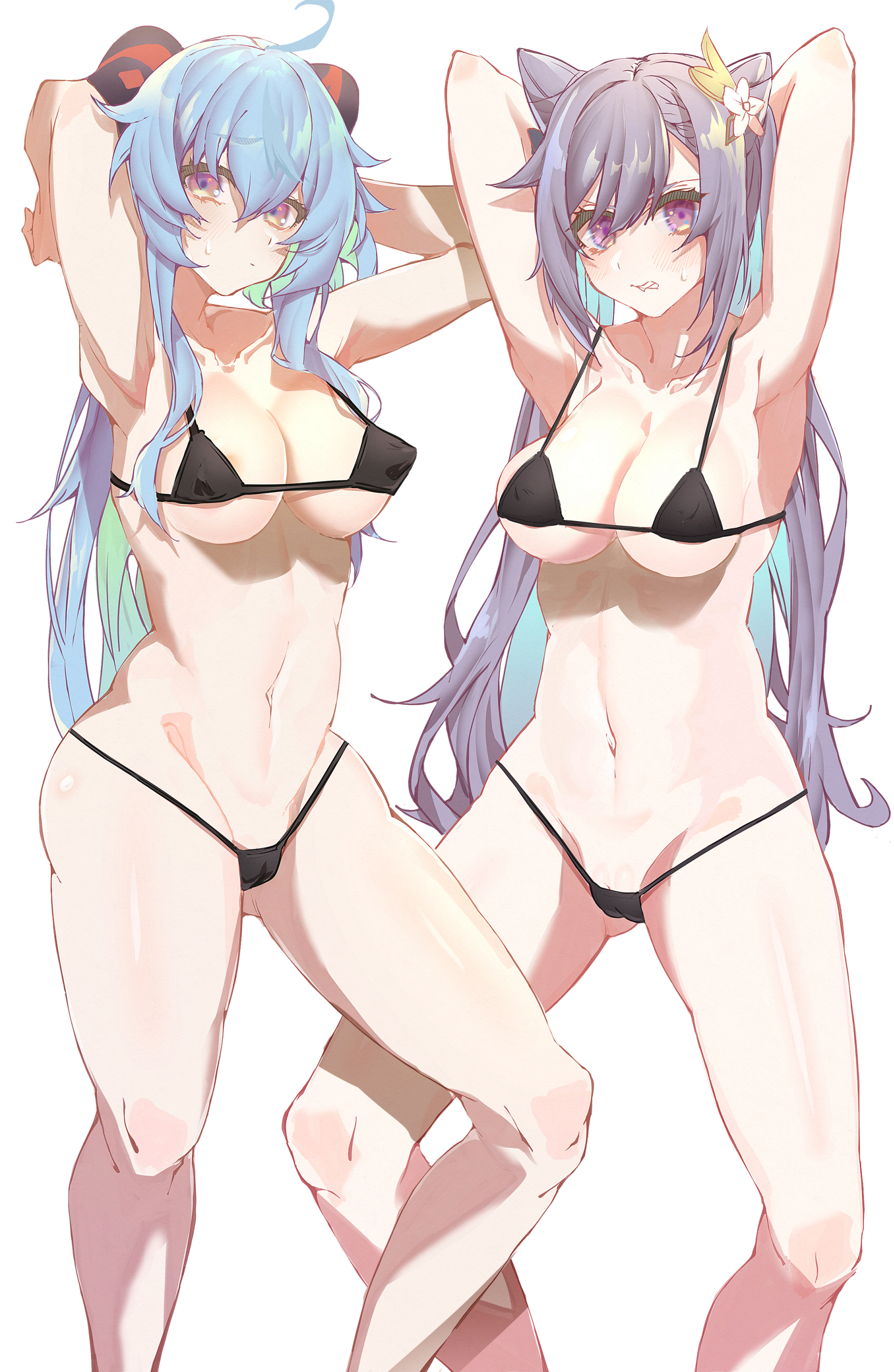 2girls, arms above head, bikini, black bikini, blue hair, breasts, female, female only, ganyu (genshin impact), genshin impact, hair ornament, horn, keqing (genshin impact), long hair, looking at viewer, medium breasts, midriff, multicolored eyes, presenting, purple hair, skimpy, white background