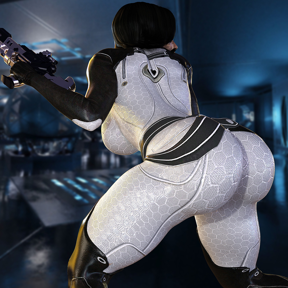 1girls, 3d, ass, big ass, big breasts, blender, breasts, female, female only, firearm, handgun, human, large breasts, mass effect, miranda lawson, nordfantasy, pale skin, solo, weapon