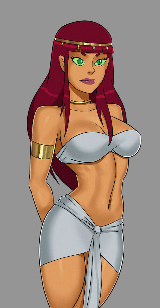 1girls, alien girl, alternate costume, alternate hairstyle, armlet, arms behind back, bangs, bare legs, bare shoulders, big breasts, blunt bangs, breasts, cleavage, closed mouth, clothed, dc, dc comics, egyptian clothes, female, female only, green eyes, green sclera, grey background, jewelry, koriand'r, large breasts, legs, lips, lipstick, long hair, makeup, male, medium breasts, midriff, navel, neck, neck ring, purple lipstick, red hair, simple background, smile, solo, solo female, something unlimited, standing, starfire, straight hair, strapless, sunsetriders7, teen titans