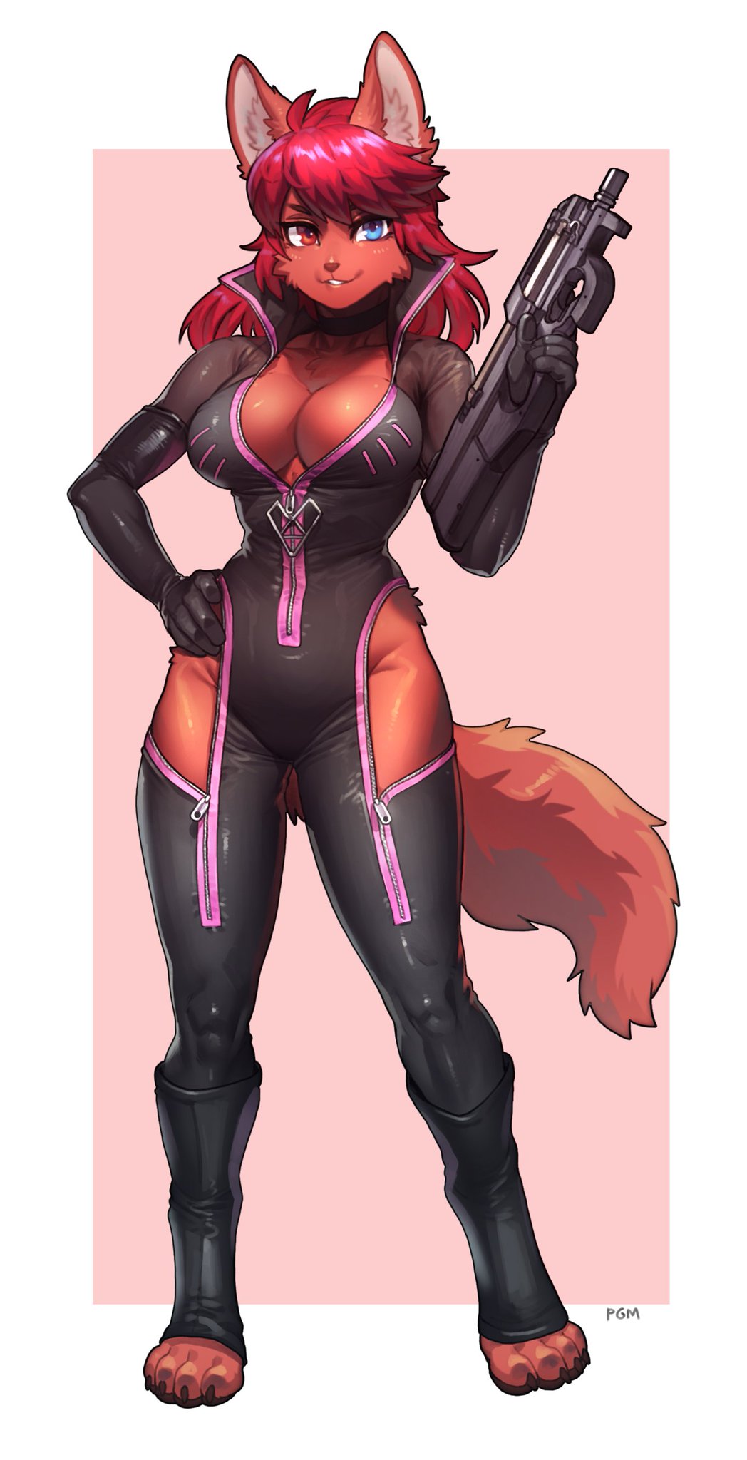 2d anthro big_breasts breasts female furry furry_only gun heterochromia p90 solo tagme tagme_(character)