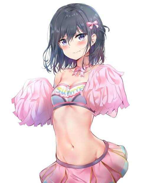 1girls adagaki_aki blush breast_size cheerleader_outfit cute cute_girl eyebrows_visible_through_hair girl_in_pink hair_ornament masamune-kun_no_revenge midriff pink_ribbon ribbon_choker sunhyun