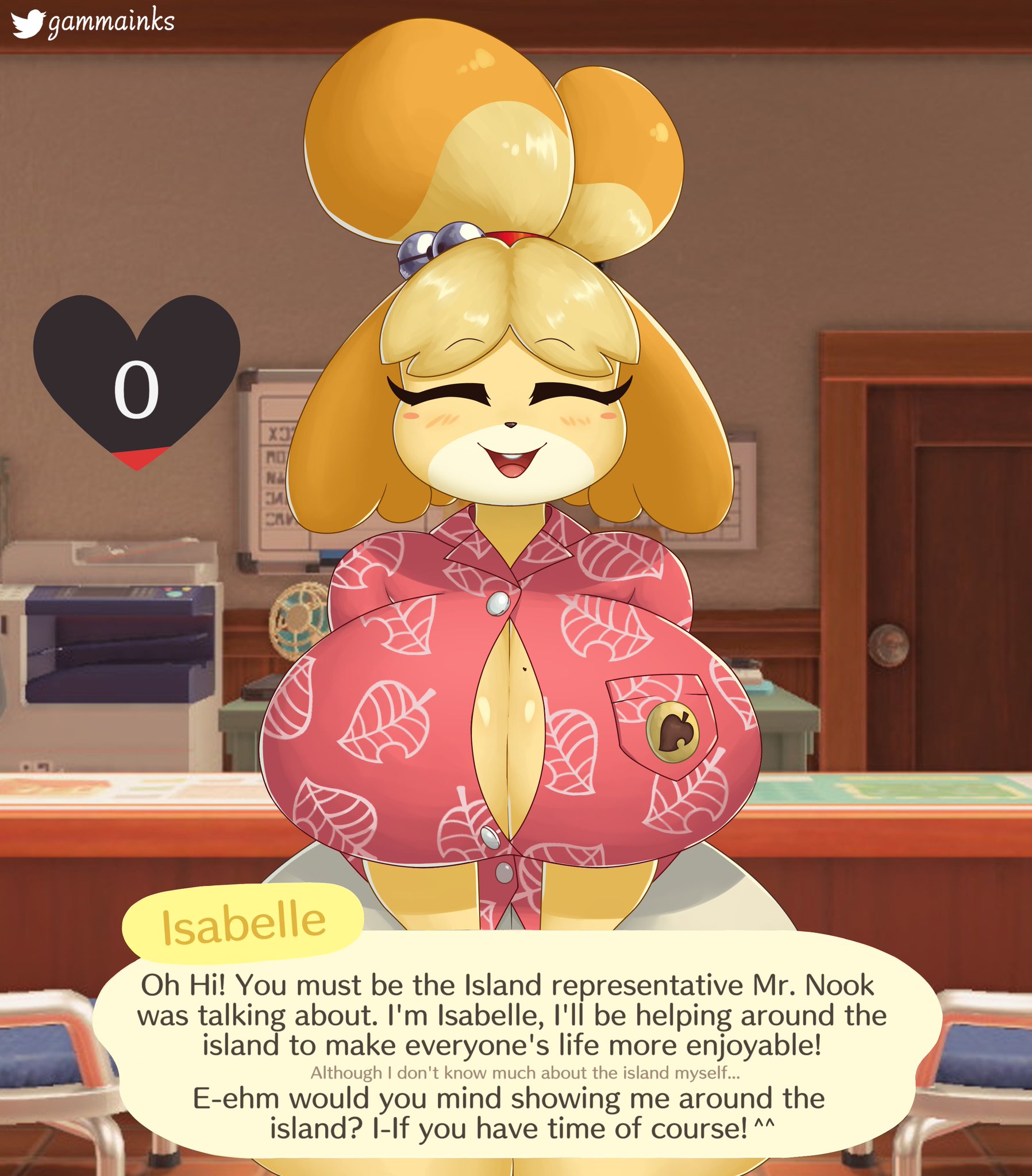 2022, animal crossing, animal crossing new horizons, anthro, big breasts, blush, breasts, canine, cleavage, closed eyes, detailed background, dialogue, dog ears, english text, eyelashes, female, female only, fur, furry, furry only, gammainks, hair, heart, hi res, huge breasts, isabelle (animal crossing), large breasts, looking at viewer, nintendo, smile, smiling, smiling at viewer, solo, speech bubble, text, thick thighs, thighs, thunder thighs, wide hips, yellow fur, yellow hair