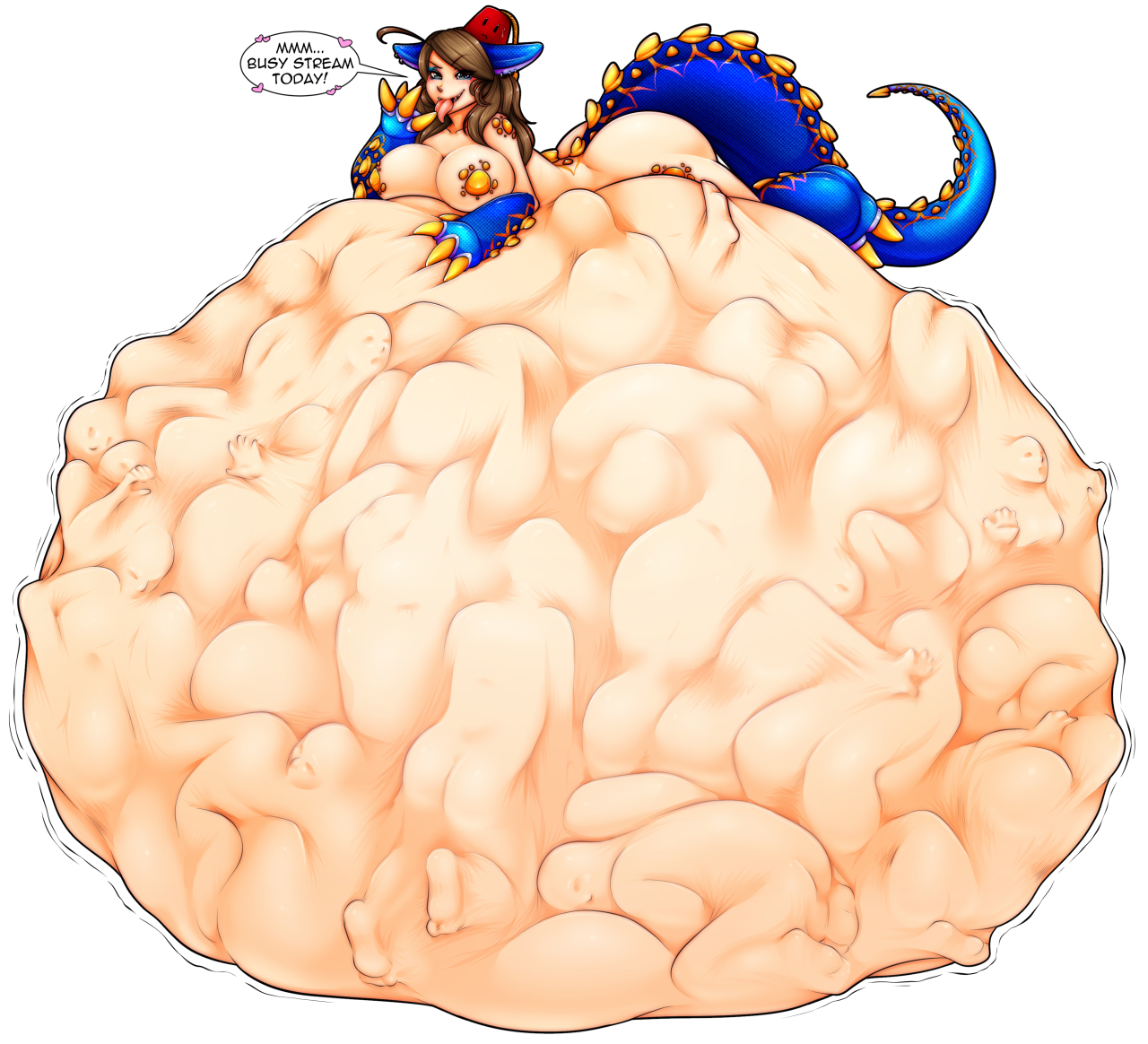 belly, belly on ground, big belly, blue eyes, blue scales, breasts, brown hair, dialogue, female, female focus, female pred, fez, flittermilk, huge belly, light skin, mass vore, monster girl, same size vore, unknown character, vore