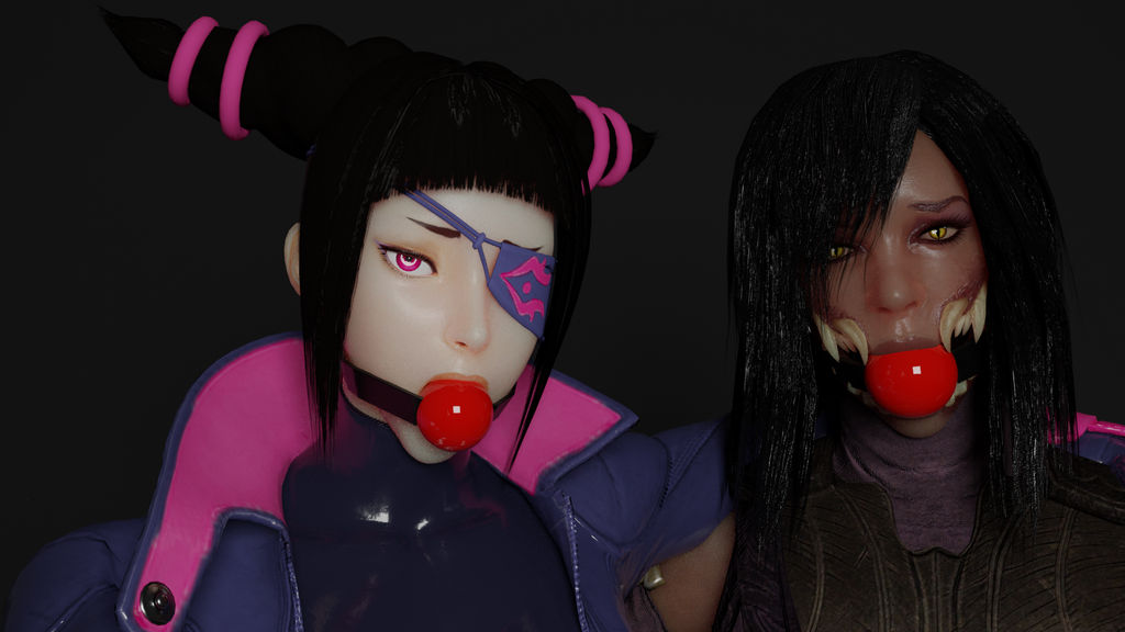 2girls, 3d, ball gag, black hair, bondage, cat eyes, crossover, duo, female, female only, fully clothed, gag, juri han, mileena, monster girl, mortal kombat, sharp teeth, street fighter, tarkatan, yellow eyes