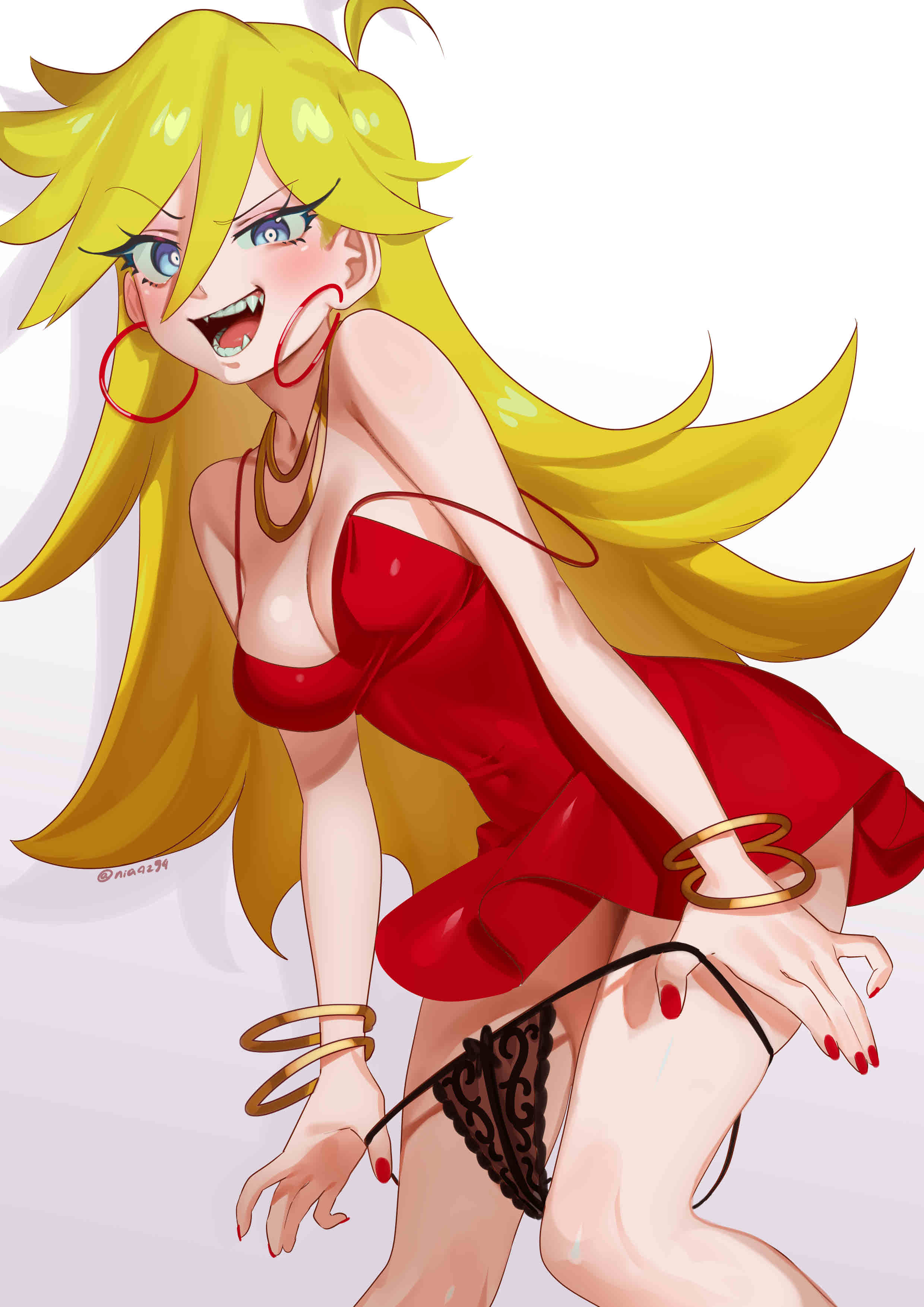 1girls, bare shoulders, black thong, blonde hair, blue eyes, blush, breasts, cute fang, cute fangs, dress, earrings, eyebrows visible through hair, fangs, female, jewelry, light skin, long hair, looking at viewer, medium breasts, mouth open, necklace, nia (nia4294), oerba yun fang, panties, panties down, panties down privates hidden, panty & stocking with garterbelt, panty anarchy, pulling panties, red dress, removing panties, sharp teeth, solo, thong, undressing, white background