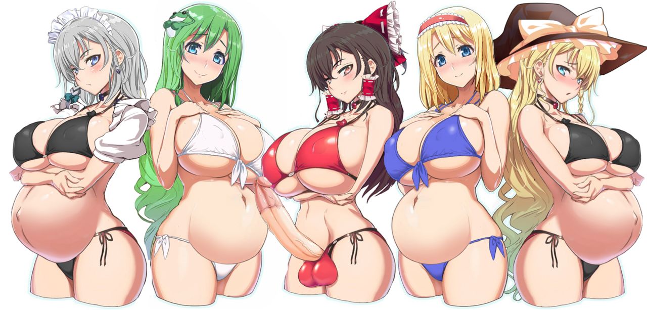 1futa 4girls alice_margatroid balls big_breasts bikini blonde_hair breasts claire_harvey clothed clothing erection female futa_on_female futa_wife futanari green_hair harem huge_breasts huge_cock human hundred large_breasts light-skinned_female light-skinned_futanari light_skin marisa_kirisame mostly_nude ookuma_(nitroplus) penis pregnant reimu_hakurei sakuya_izayoi sanae_kochiya source_request standing testicles third-party_edit touhou white_hair