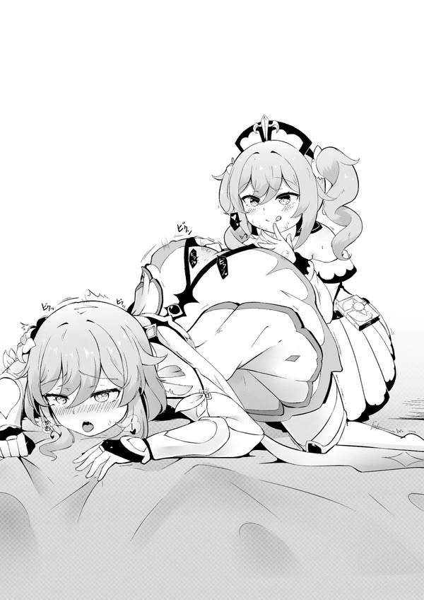 2girls, ambiguous penetration, ass, ass up, barbara (genshin impact), bed sheet, blush, cunnilingus, female, female only, fingering, genshin impact, gripping sheets, lesbian sex, licking lips, lucifina 006, lumine (genshin impact), nun, open mouth, oral, yuri