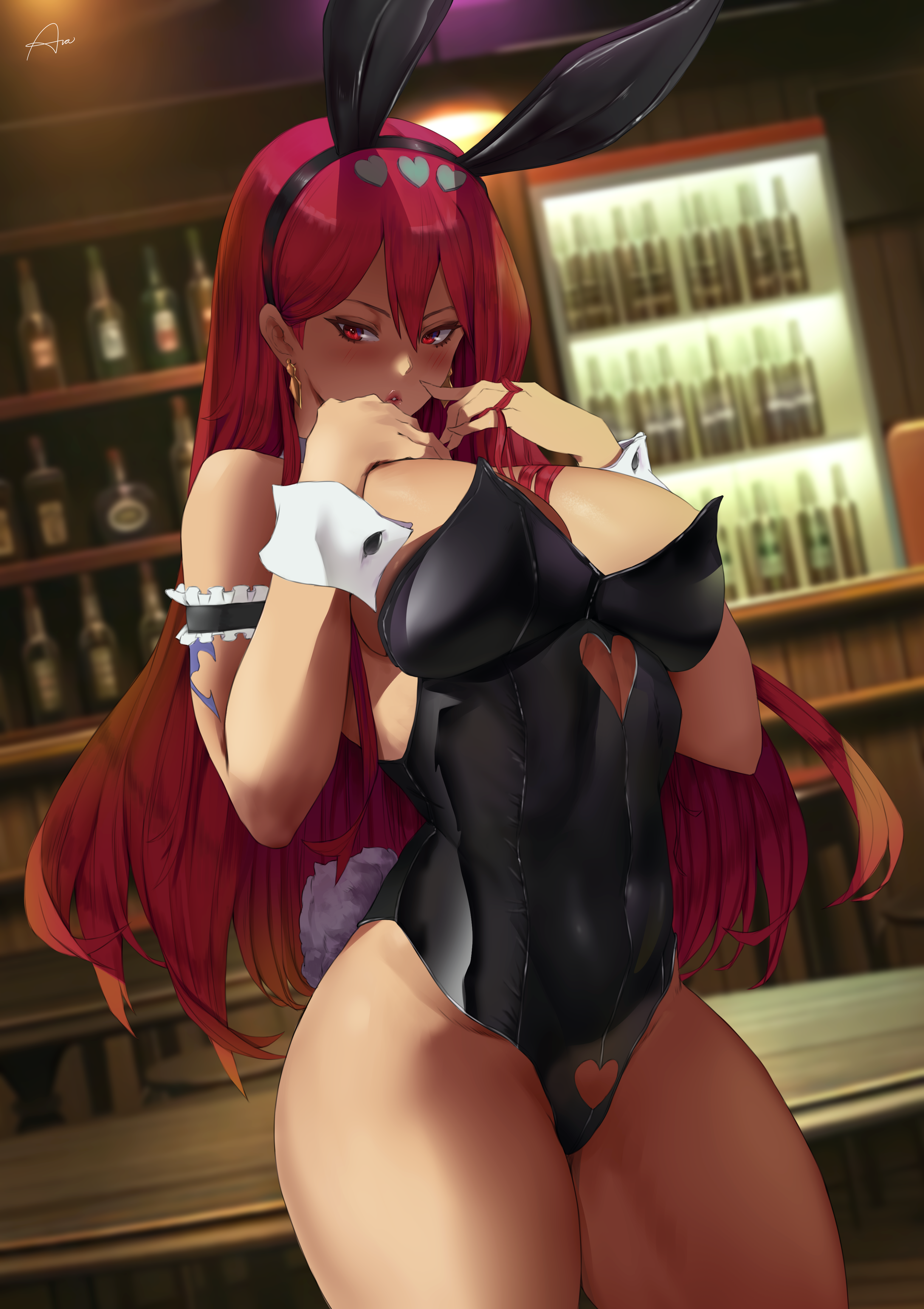 1girls, 2022, araneesama, black leotard, blush, breasts, bunny ears, bunny girl, bunnysuit, cutesexyrobutts (style), erza scarlet, fairy tail, female, female only, hair over one eye, hi res, highleg leotard, hips, indoors, large breasts, leotard, long hair, red eyes, red hair, red-haired female, slim waist, thick thighs, thighs, wide hips