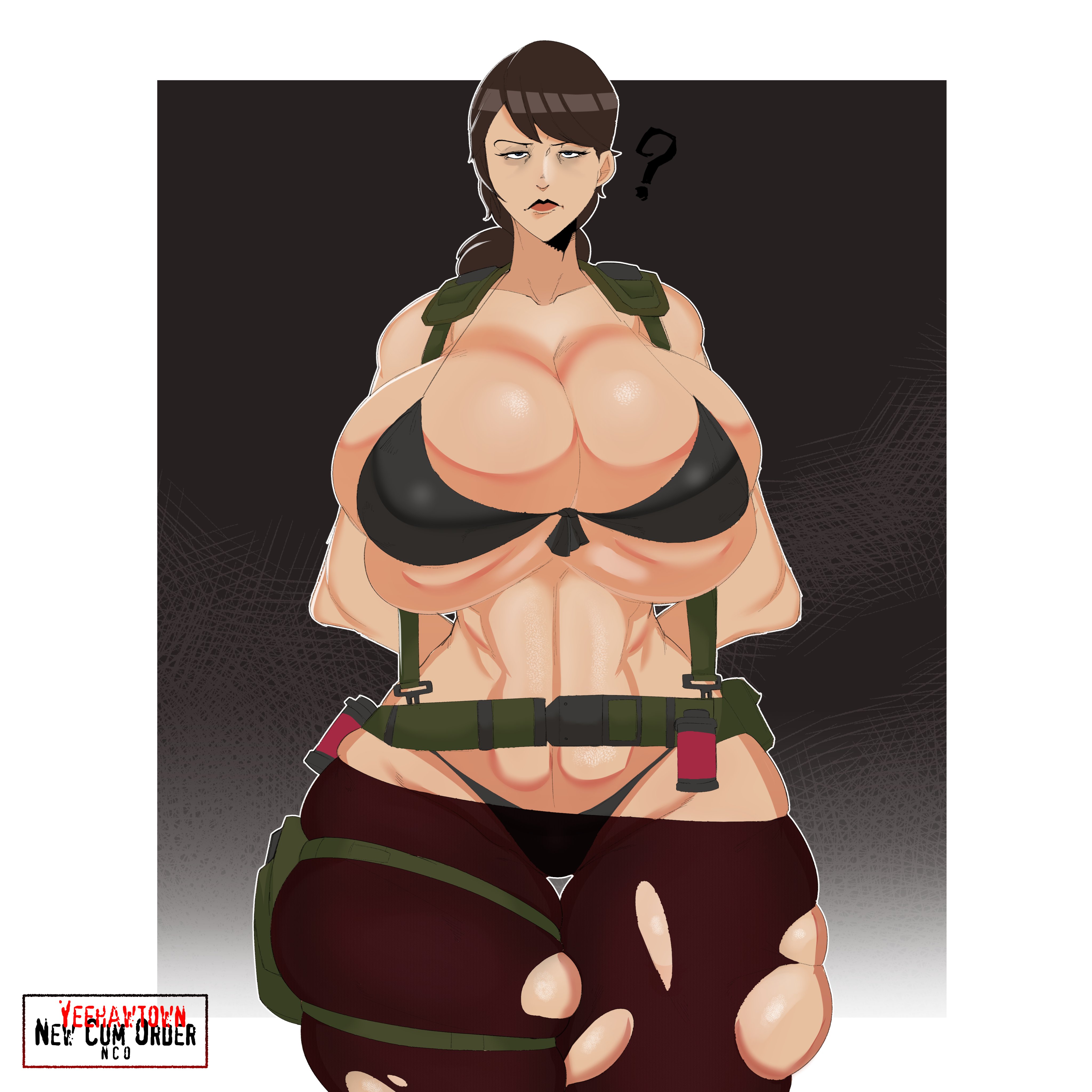 ?, 1girls, behemaid, big breasts, bikini, bra, breasts, brown hair, cleavage, female, large breasts, looking at viewer, metal gear solid, metal gear solid v, panties, pantyhose, quiet (metal gear), simple background, solo, solo female, thick thighs, torn clothes, torn clothing, torn pantyhose, wide hips, yeehawt0wn