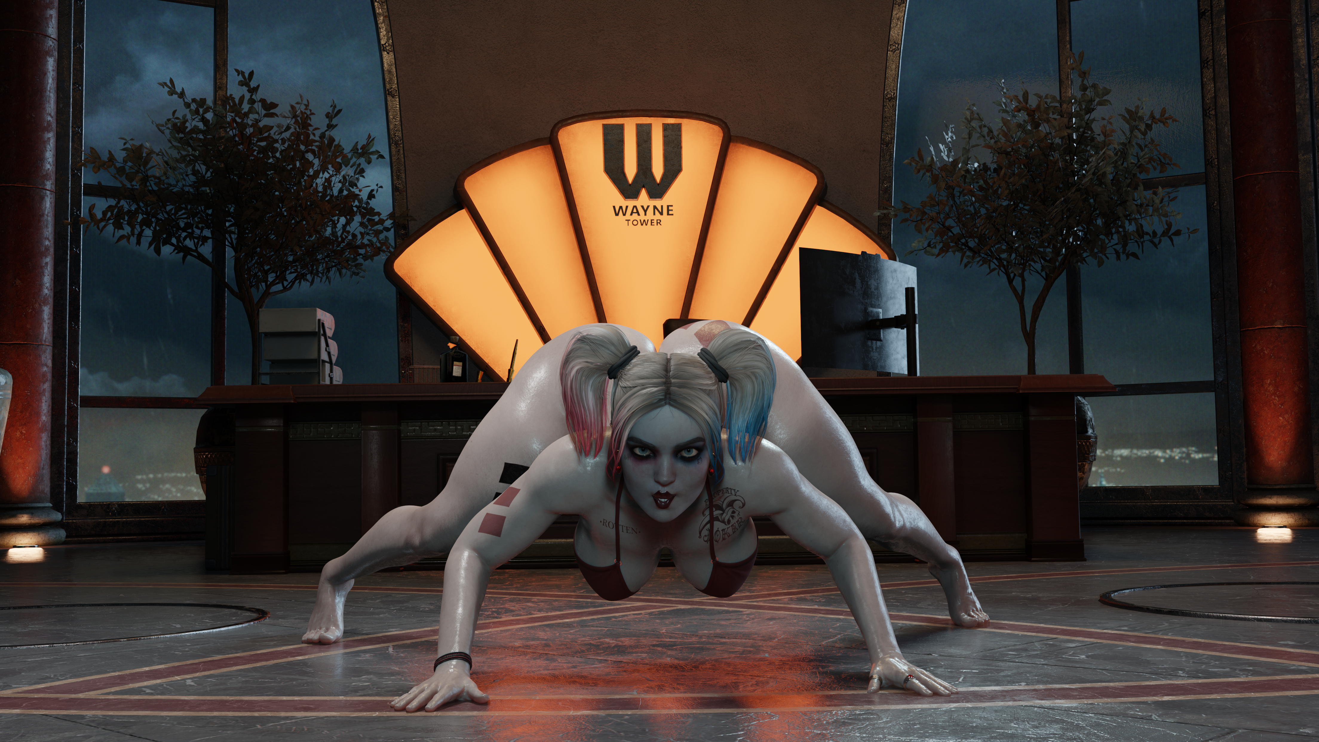 1girls, 3d, ass, ass up, batman (series), big ass, big breasts, big butt, bikini, breasts, bubble ass, bubble butt, computer, dc, dc comics, female, female only, harley quinn, harley quinn (injustice), injustice 2, jack-o pose, looking at viewer, office, solo, wayne tower, xxxlolxxx