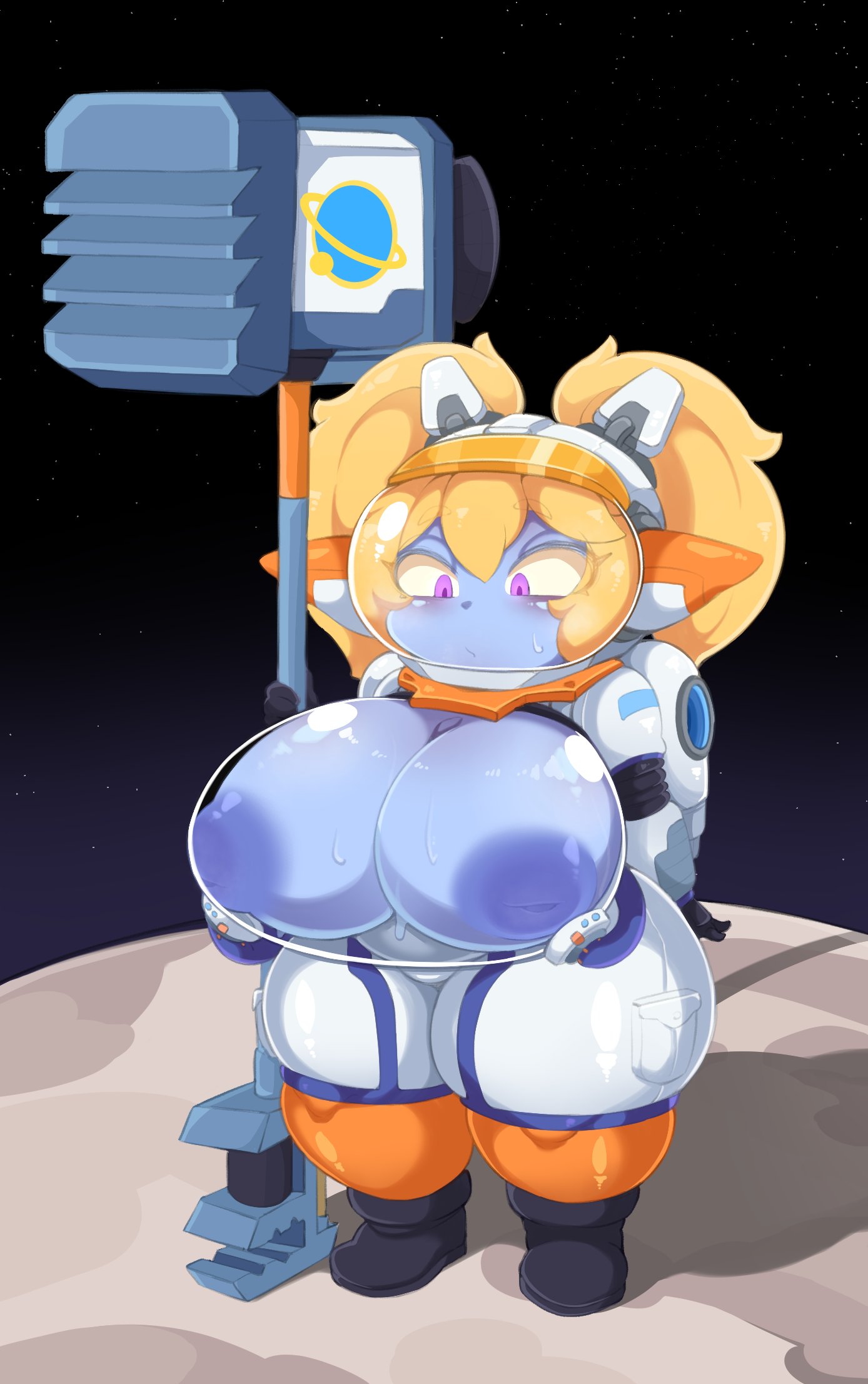 1girls areolae astronaut astronaut_poppy astronauts_series big_breasts blonde_hair blush bodysuit breasts female huge_breasts league_of_legends nipples poppy purple_eyes purple_skin riot_games shinolara shortstack smaller_female solo standing tagme twintails voluptuous wide_hips yordle