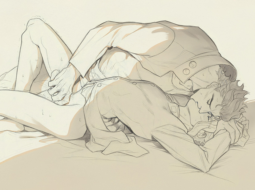 2boys, artist request, blushing, bottomless, gay, handjob, hands behind head, jojo's bizarre adventure, jotaro kujo, kissing, making out, male, male focus, male only, male/male, noriaki kakyoin, stardust crusaders, yaoi