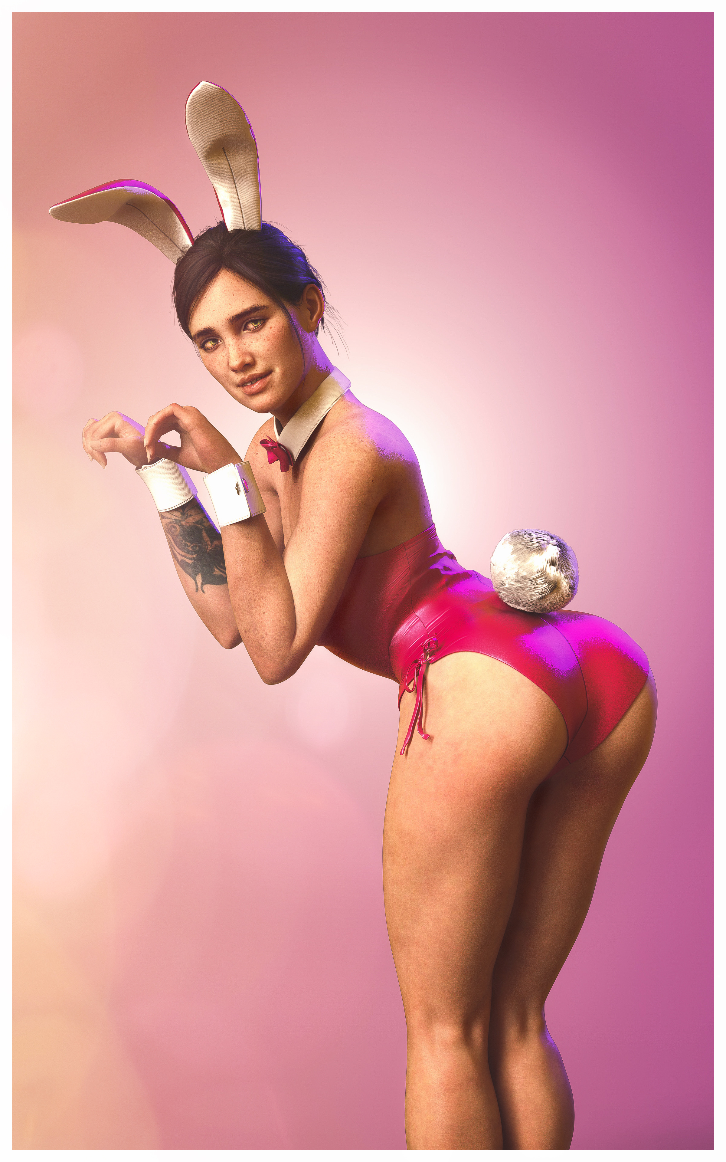 1girls, 3d, 3d (artwork), absurd res, ass, bare arms, bare legs, bare shoulders, bare thighs, bending over, big ass, bodysuit, brown hair, bunny costume, bunny ears, bunny girl, bunny pose, bunny tail, bunnysuit, easter, ellie (the last of us), ellie williams, female, female focus, female only, freckles, green eyes, looking at viewer, looking back, lustie3d, naughty dog, presenting hindquarters, short hair, solo, solo female, solo focus, sony interactive entertainment, tattoo, tattoo on arm, tattooed arm, the last of us, the last of us 2, thick thighs, thighs, tied hair