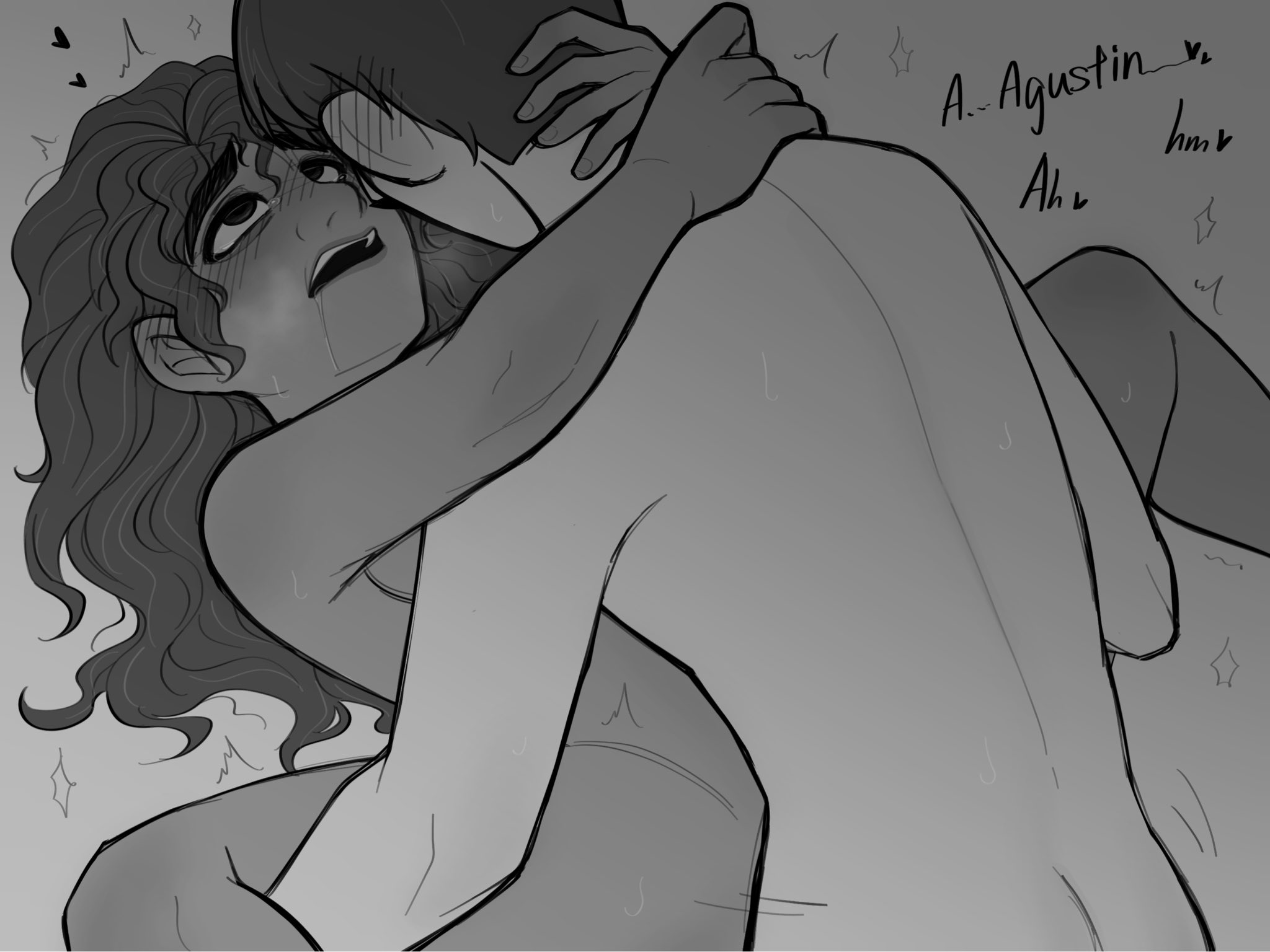 1boy, 1girls, agustin madrigal, blush, canon couple, dark skin, dark-skinned female, disney, encanto, female, husband and wife, julieta madrigal, latina, latino, light skin, light-skinned male, male, monochrome, sex, sweat, unseen male face, vrftgh