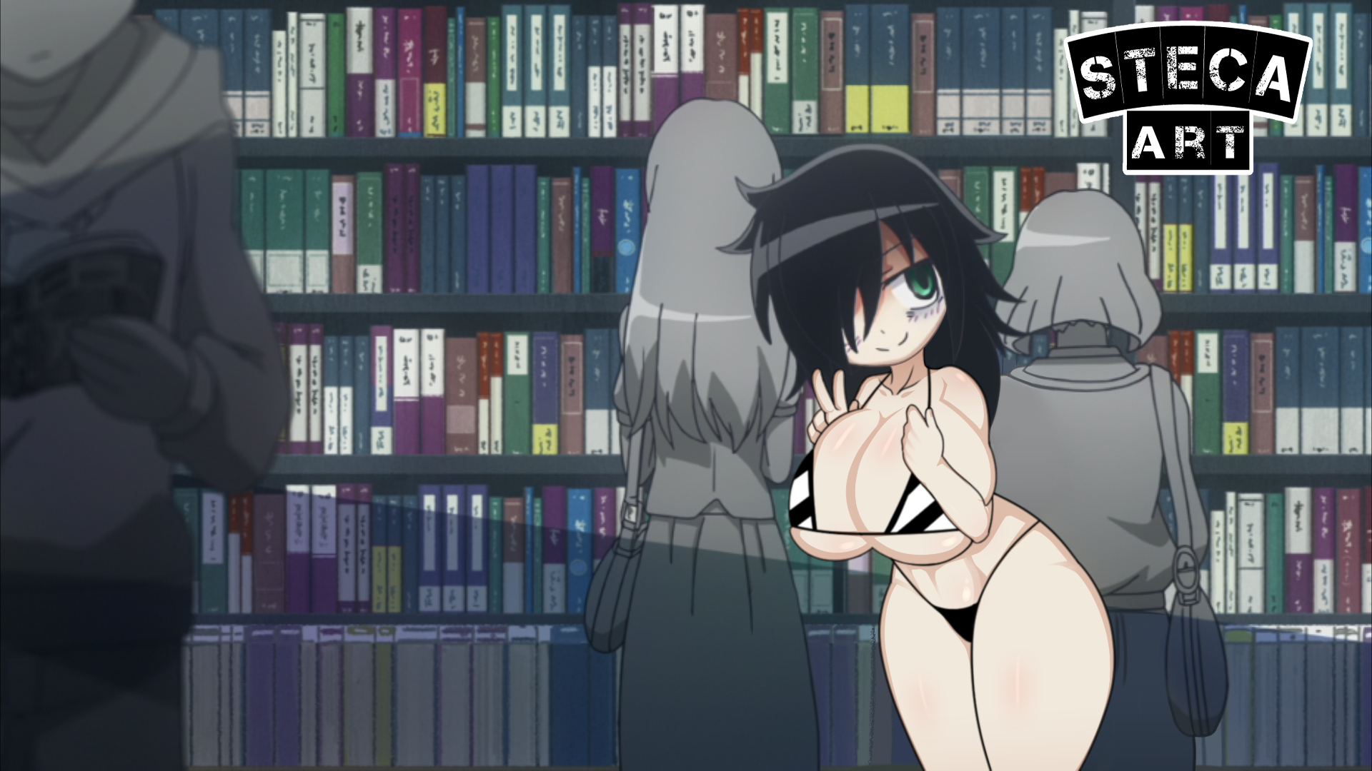 ass, big ass, big breasts, big butt, bikini, black hair, breasts, casual, edit, female, huge ass, huge breasts, human, kuroki tomoko, pale skin, panties, public, screencap, screenshot edit, smile, steca, swimwear, thelazyart, thighs, watashi ga motenai no wa dou kangaetemo omaera ga warui!