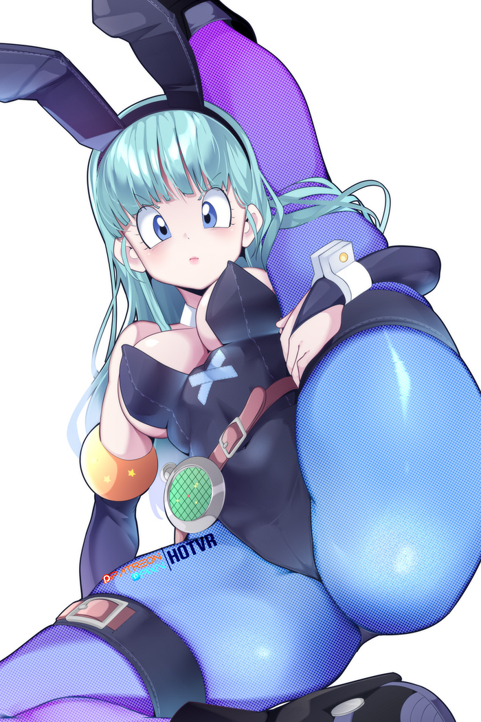 1girls, aqua eyes, aqua hair, breasts, bulma (bunny), bulma briefs, bunny ears, bunnysuit, dragon ball, dragon ball z, eye contact, female, female focus, female only, hotvr, leotard, long hair, looking at viewer, solo, teenager, thick thighs, white background